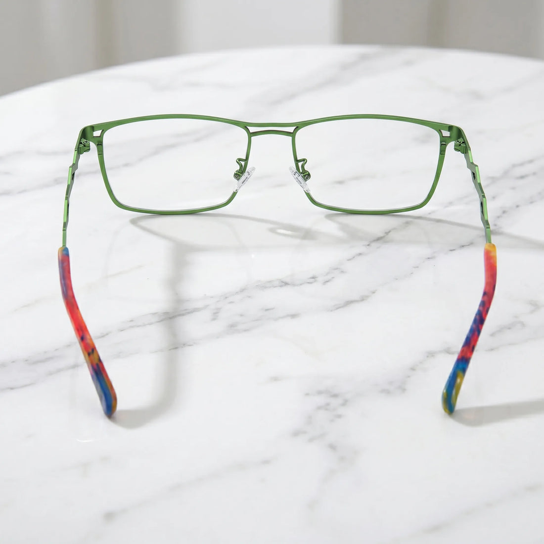 Barledear Crimson Meadow Green eyeglasses back view showing adjustable nose pads, full-rim square frame, and color-block temples