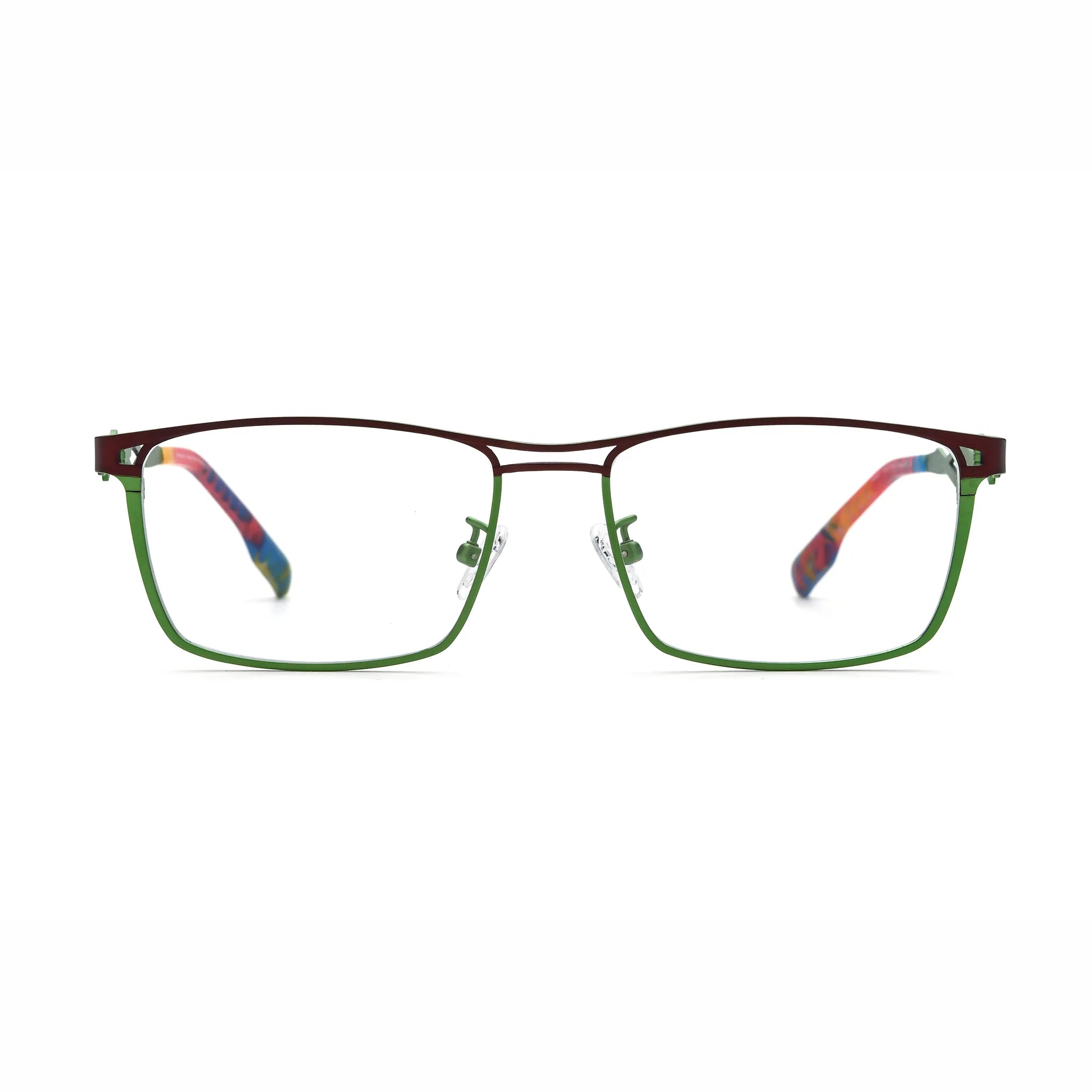 Barledear Crimson Meadow Green eyeglasses front view with lightweight titanium square frame and artistic color-block finish