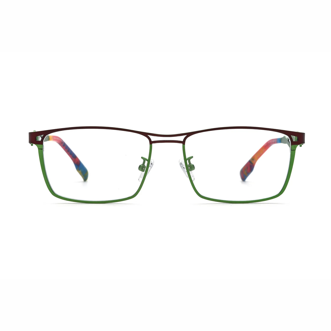 Barledear Crimson Meadow Green eyeglasses front view with lightweight titanium square frame and artistic color-block finish