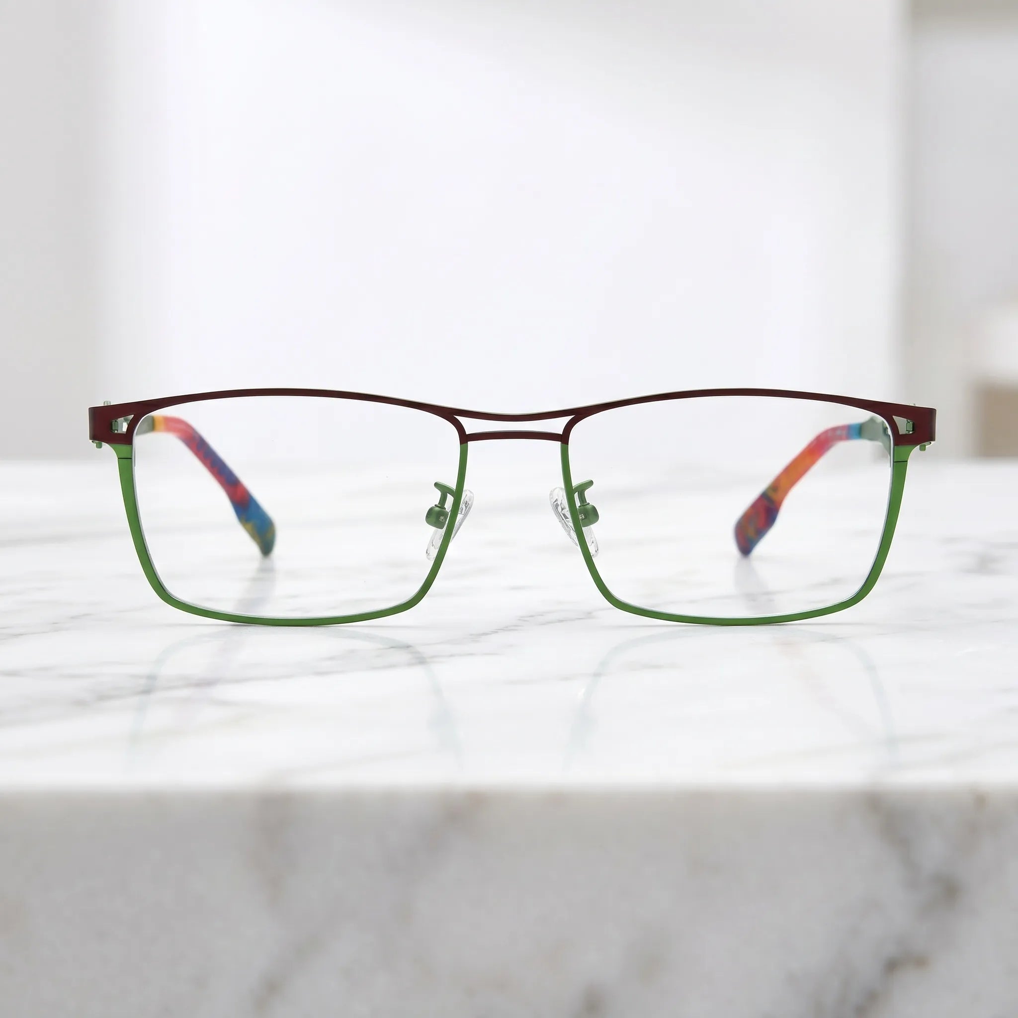 Barledear Crimson Meadow Green eyeglasses shown in a clean lifestyle front view with playful futuristic styling