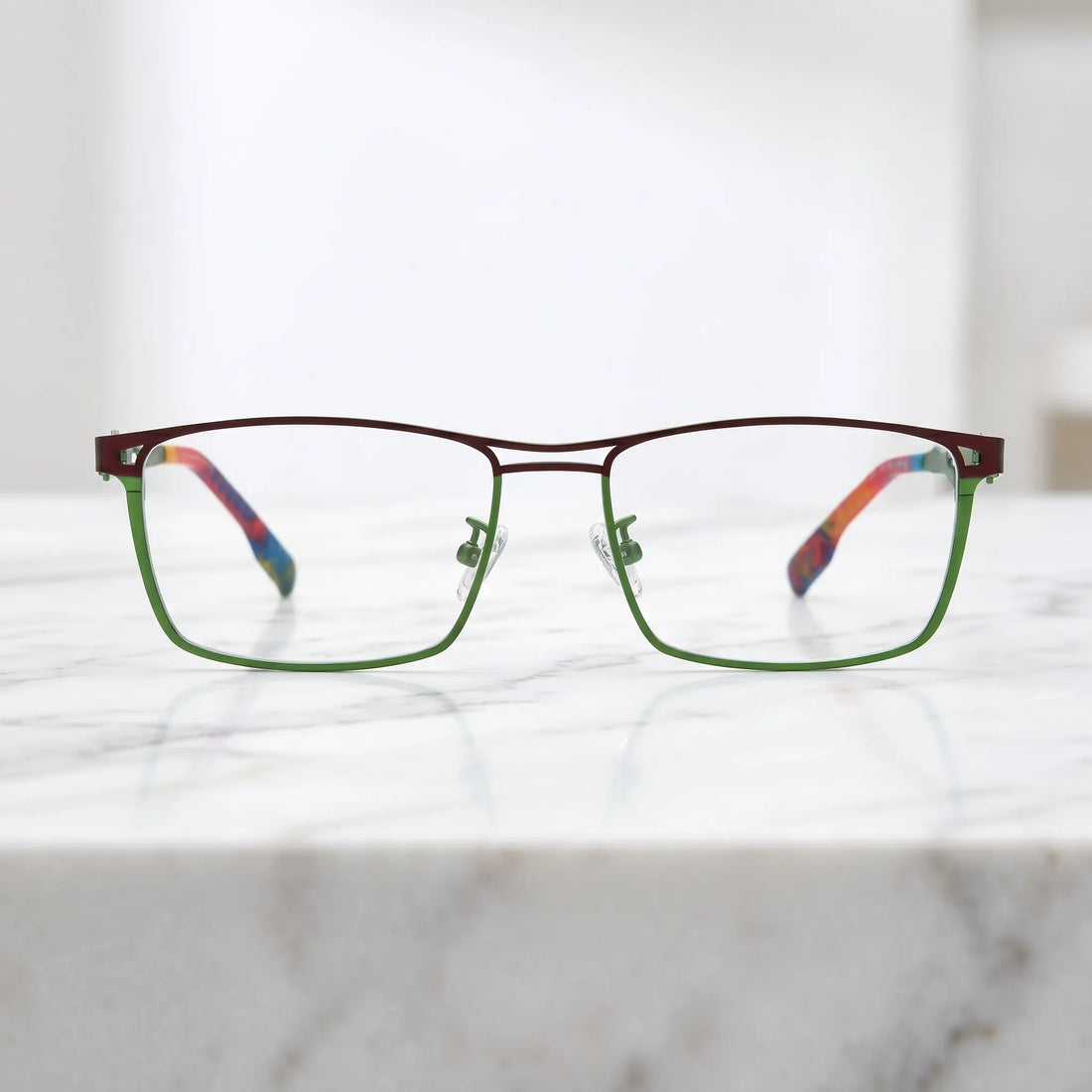 Barledear Crimson Meadow Green eyeglasses shown in a clean lifestyle front view with playful futuristic styling