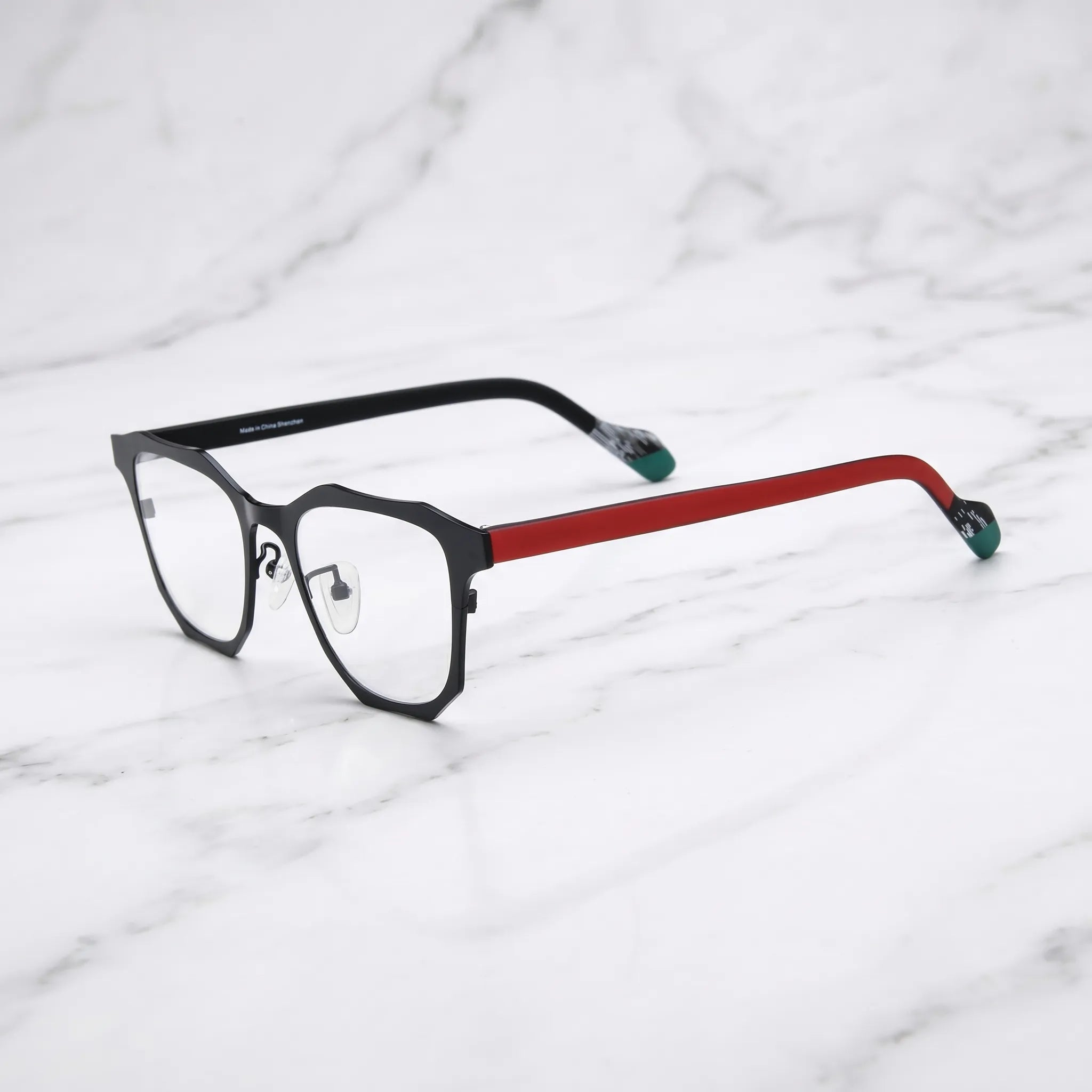 Barledear Crimson Noir eyeglasses angled side view showing slim temples, adjustable nose pads, and strong square silhouette