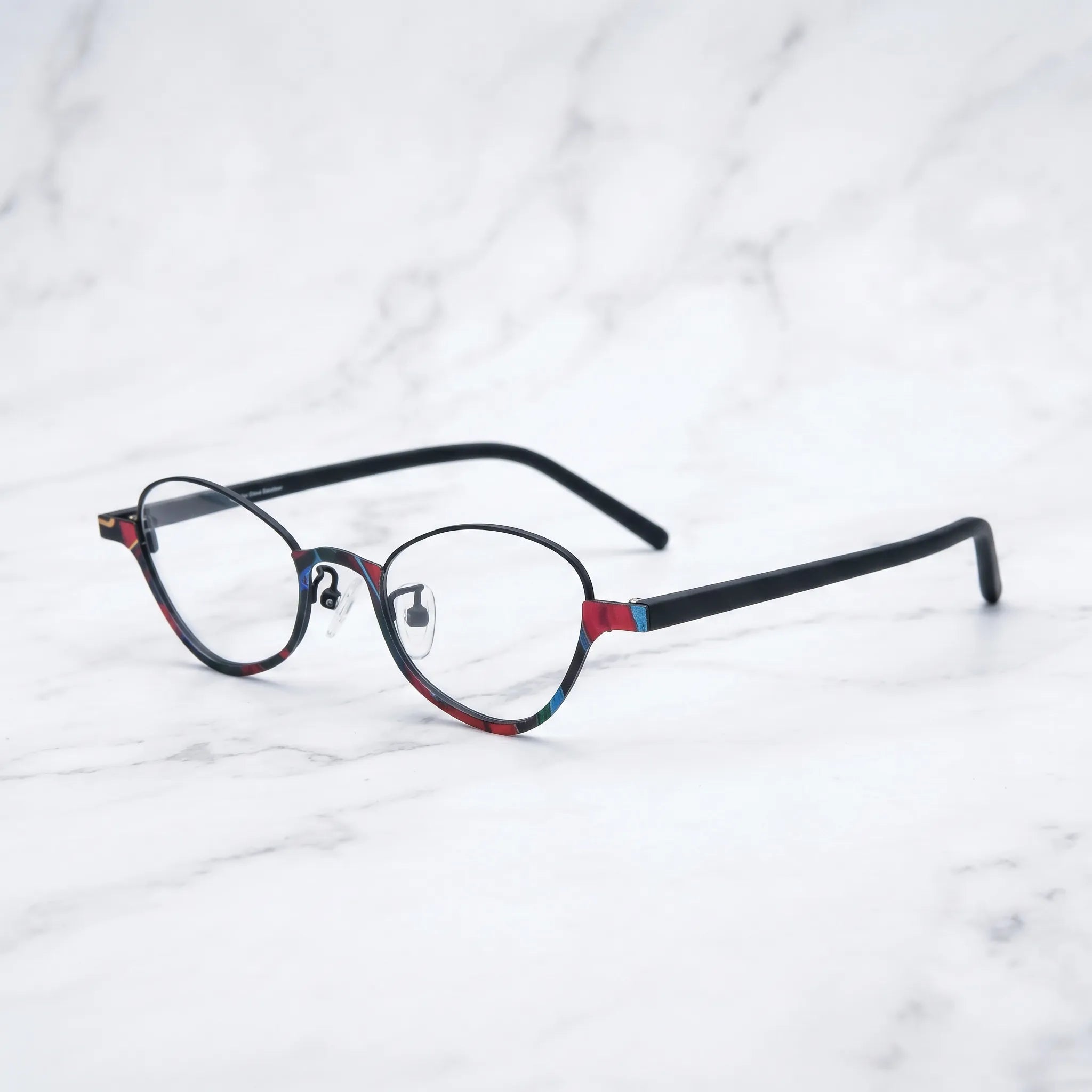 Barledear Crimson Noir eyeglasses angled side view showing slim temples adjustable nose pads and bridge detail