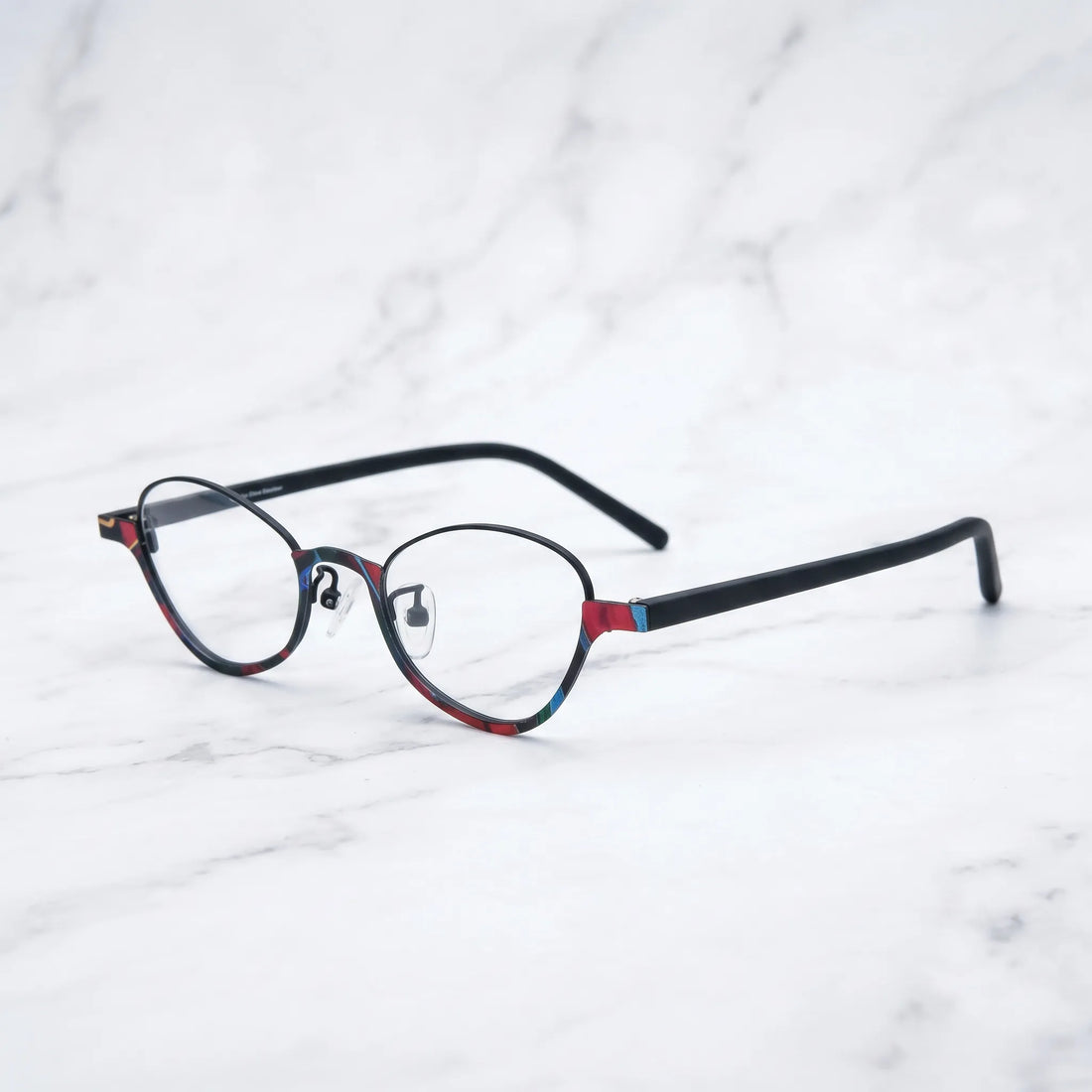 Barledear Crimson Noir eyeglasses angled side view showing slim temples adjustable nose pads and bridge detail