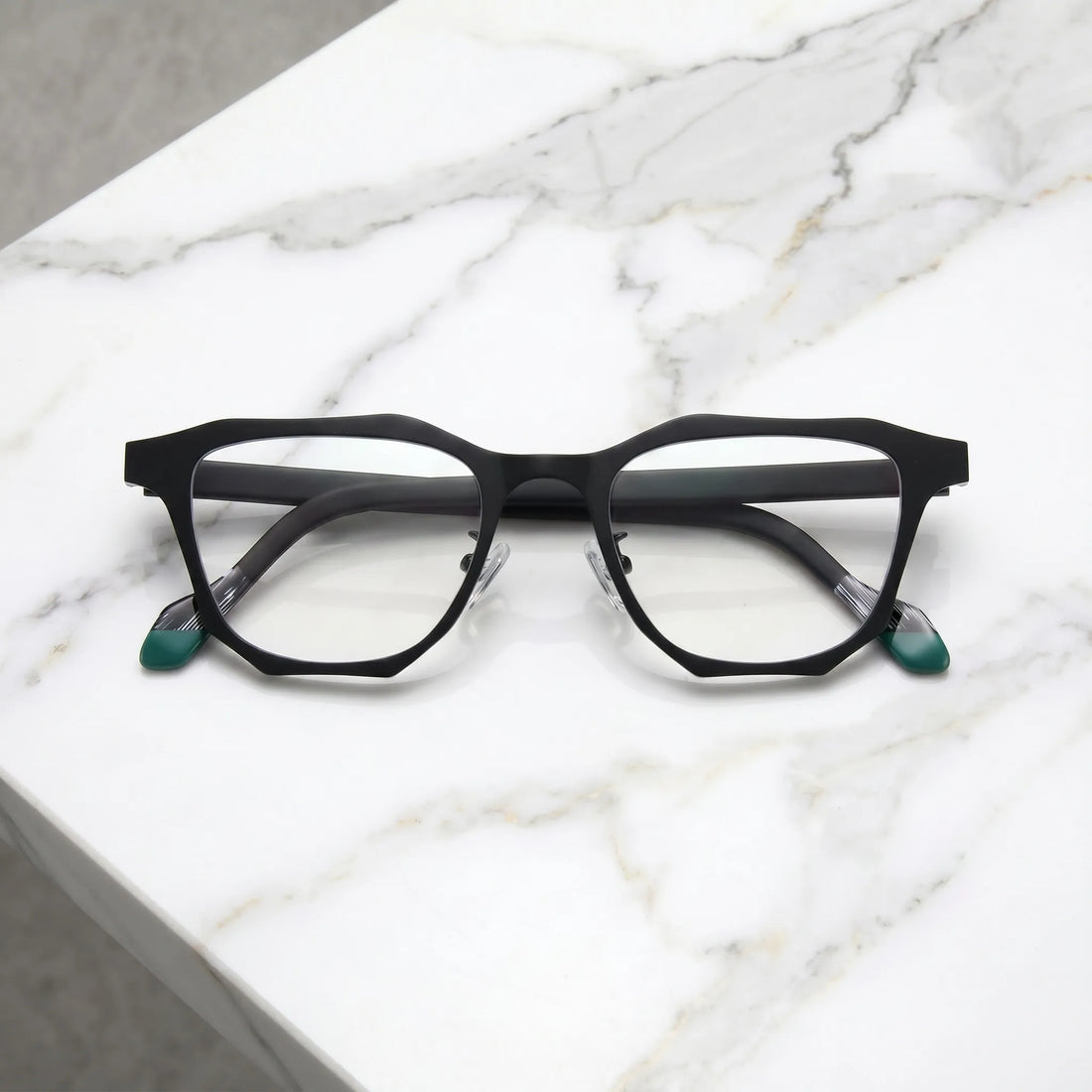 Barledear Crimson Noir eyeglasses folded display showing red-accent temples and modern geometric frame design