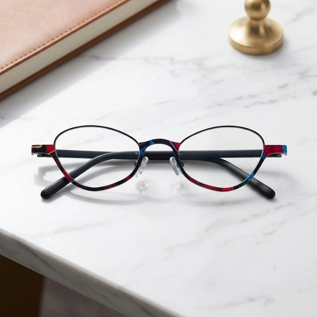 Barledear Crimson Noir eyeglasses folded display showing patterned acetate temples and lightweight oval titanium frame