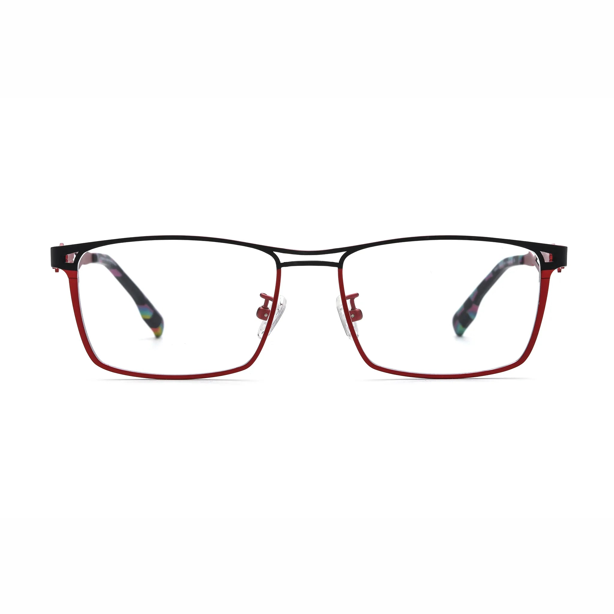 Barledear Crimson Noir eyeglasses front view with lightweight pure titanium square frame and high-contrast red black styling