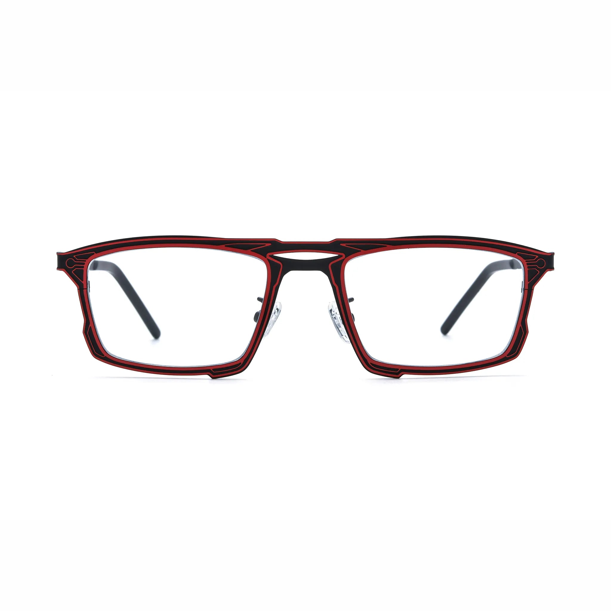 Barledear Crimson Noir eyeglasses front view with lightweight square pure titanium frame and futuristic geometric line detailing