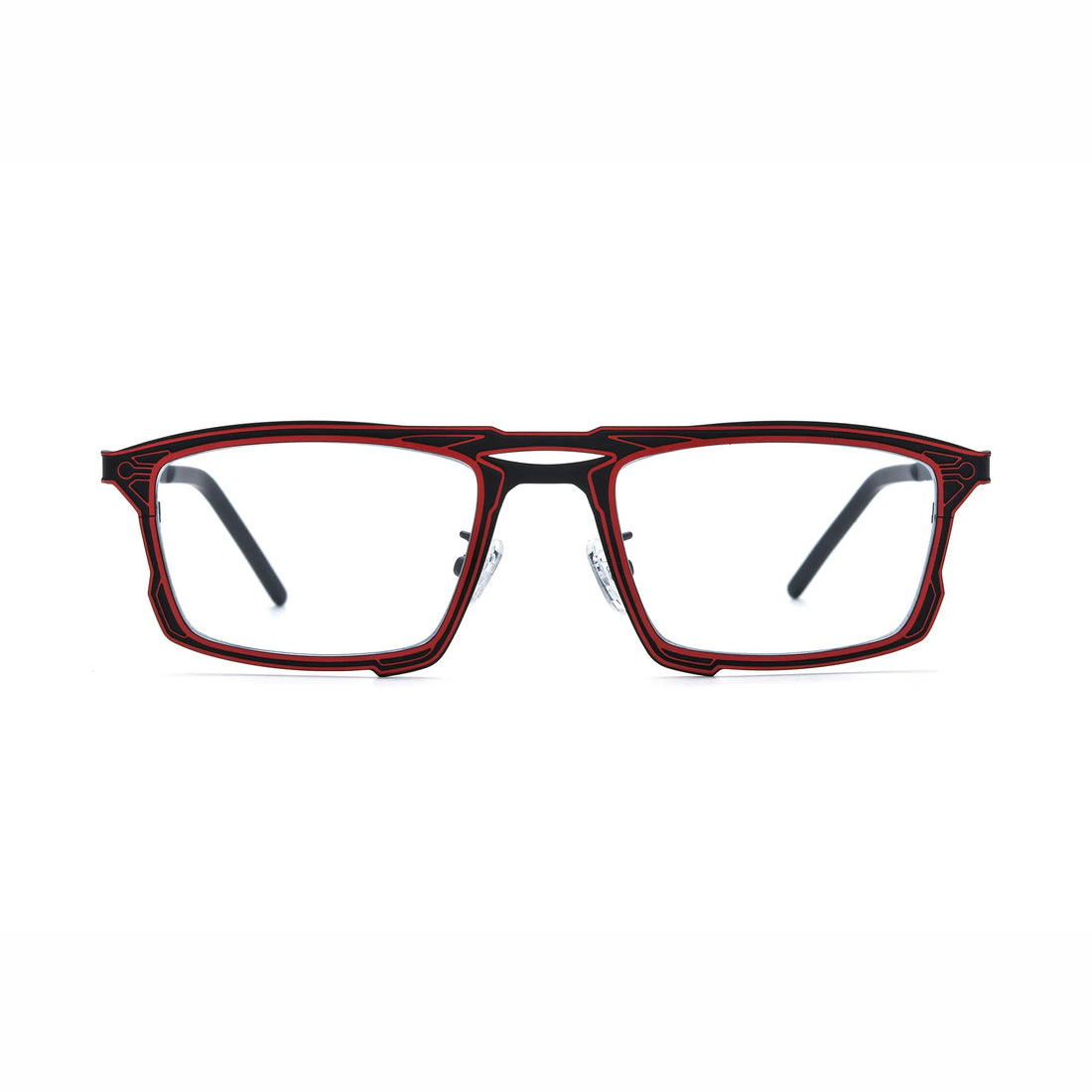 Barledear Crimson Noir eyeglasses front view with lightweight square pure titanium frame and futuristic geometric line detailing