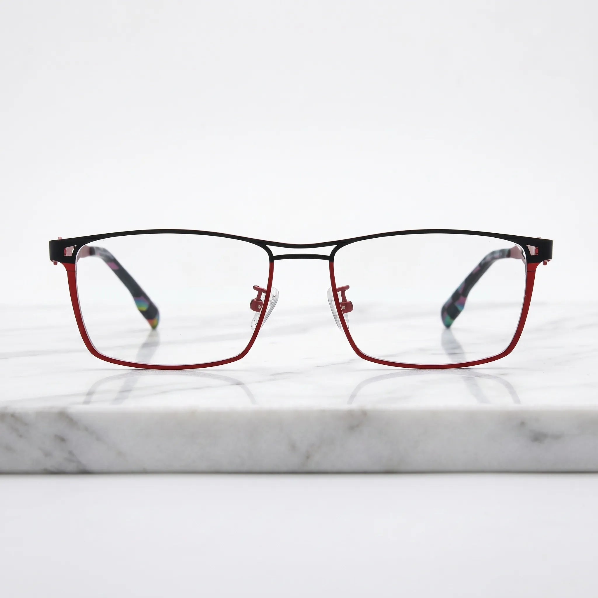 Barledear Crimson Noir eyeglasses shown in a clean lifestyle front view with bold futuristic color-block design