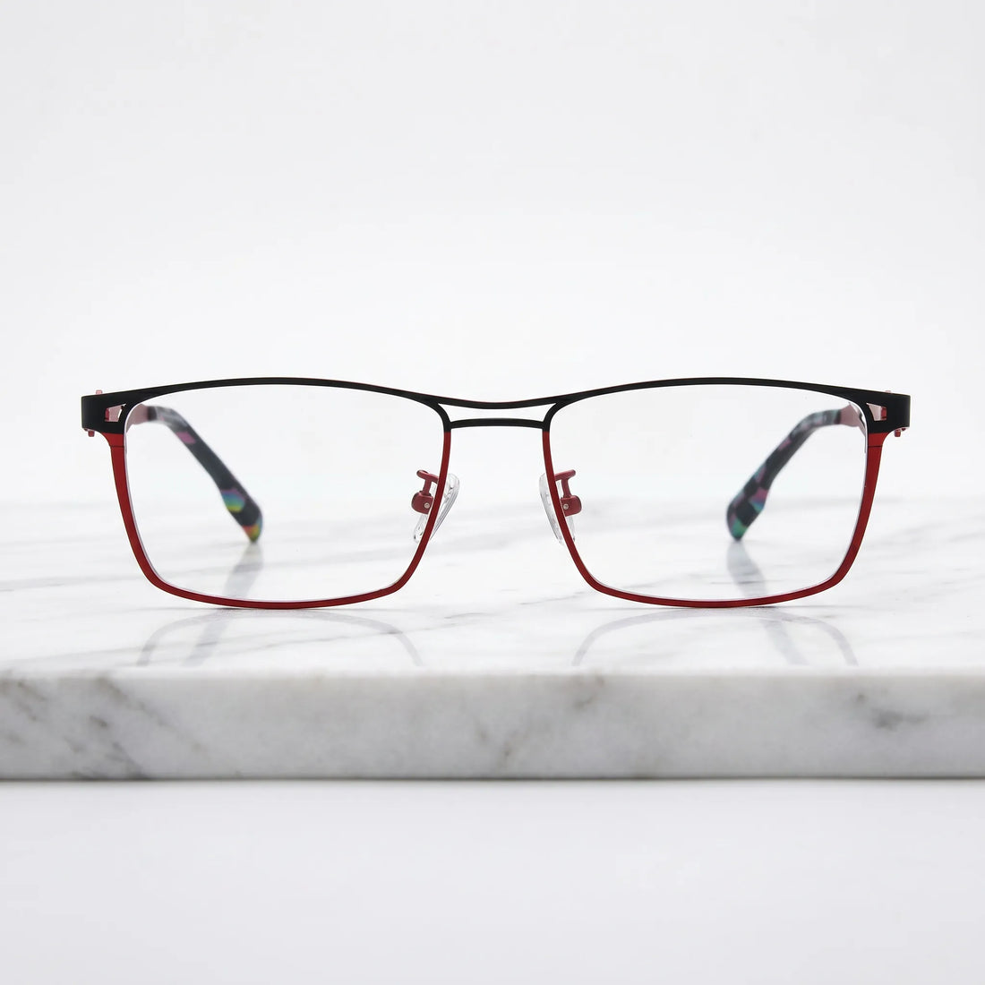 Barledear Crimson Noir eyeglasses shown in a clean lifestyle front view with bold futuristic color-block design