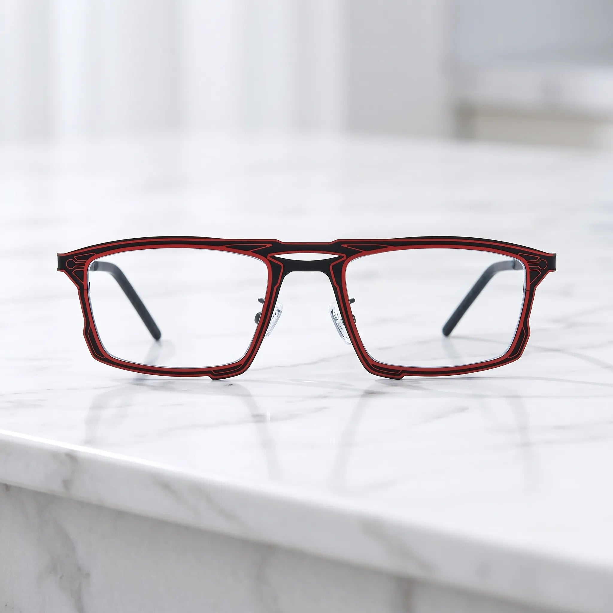 Barledear Crimson Noir eyeglasses shown in a clean lifestyle front view with modern square titanium frame styling