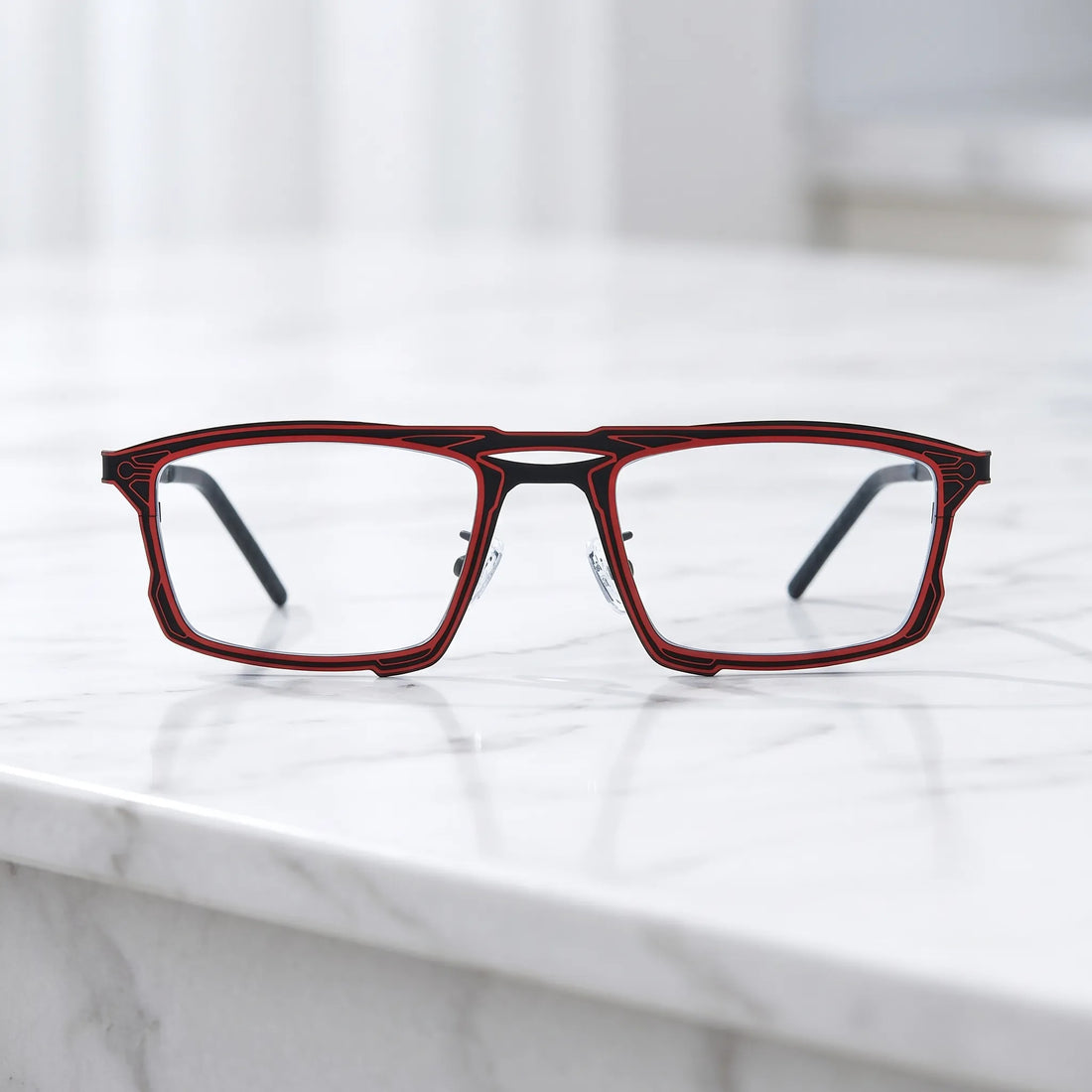 Barledear Crimson Noir eyeglasses shown in a clean lifestyle front view with modern square titanium frame styling