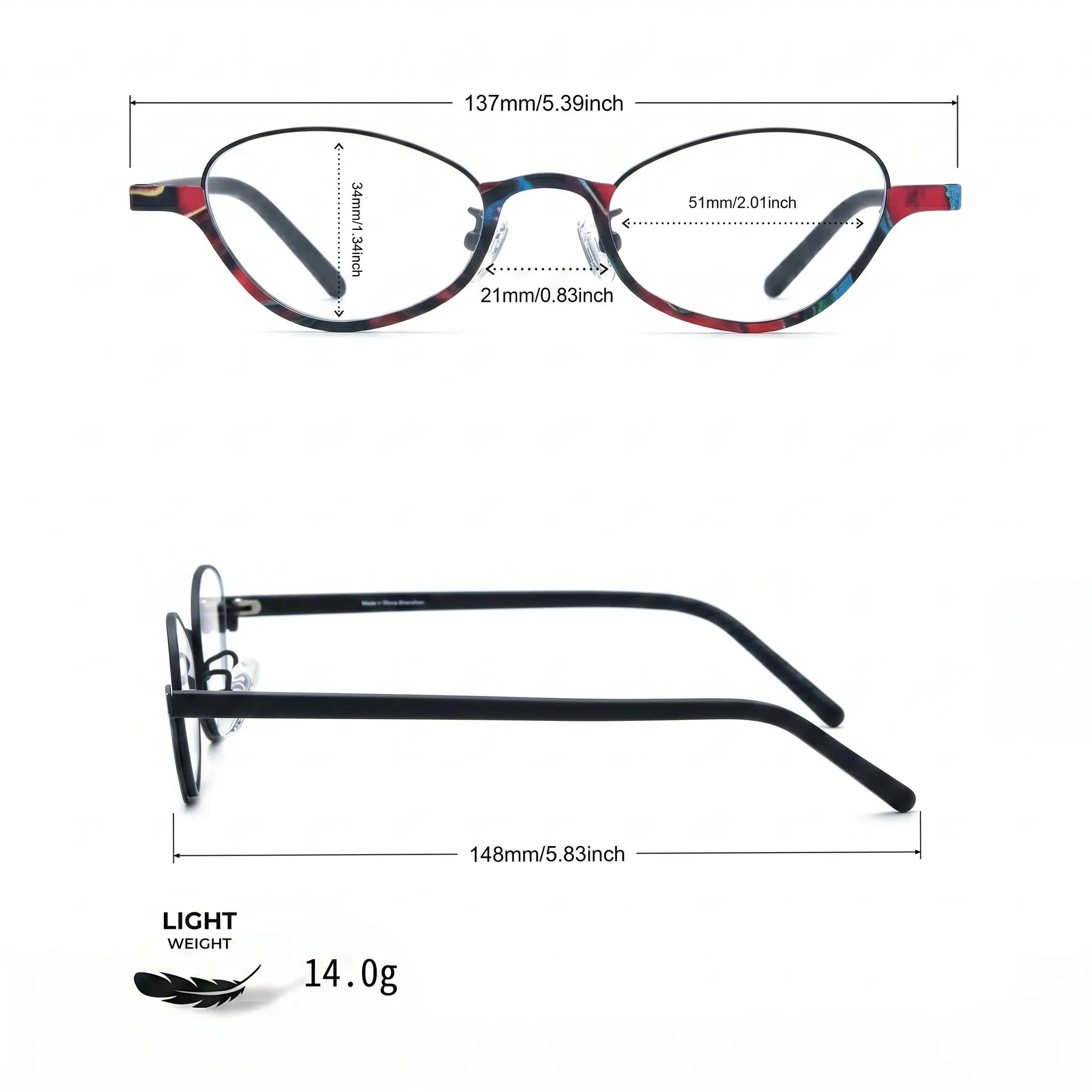 Barledear Crimson Noir eyeglasses size chart with 137 mm frame width 51 mm lens width 34 mm lens height 21 mm bridge and 148 mm temple length