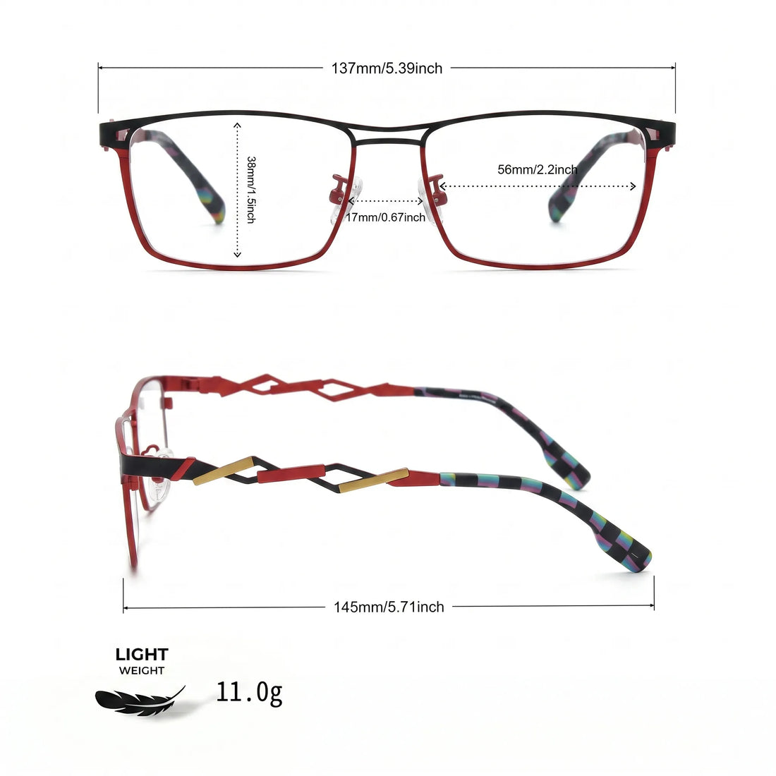 Barledear Crimson Noir eyeglasses size chart with 137 mm frame width, 56 mm lens width, 38 mm lens height, 17 mm bridge, and 145 mm temple