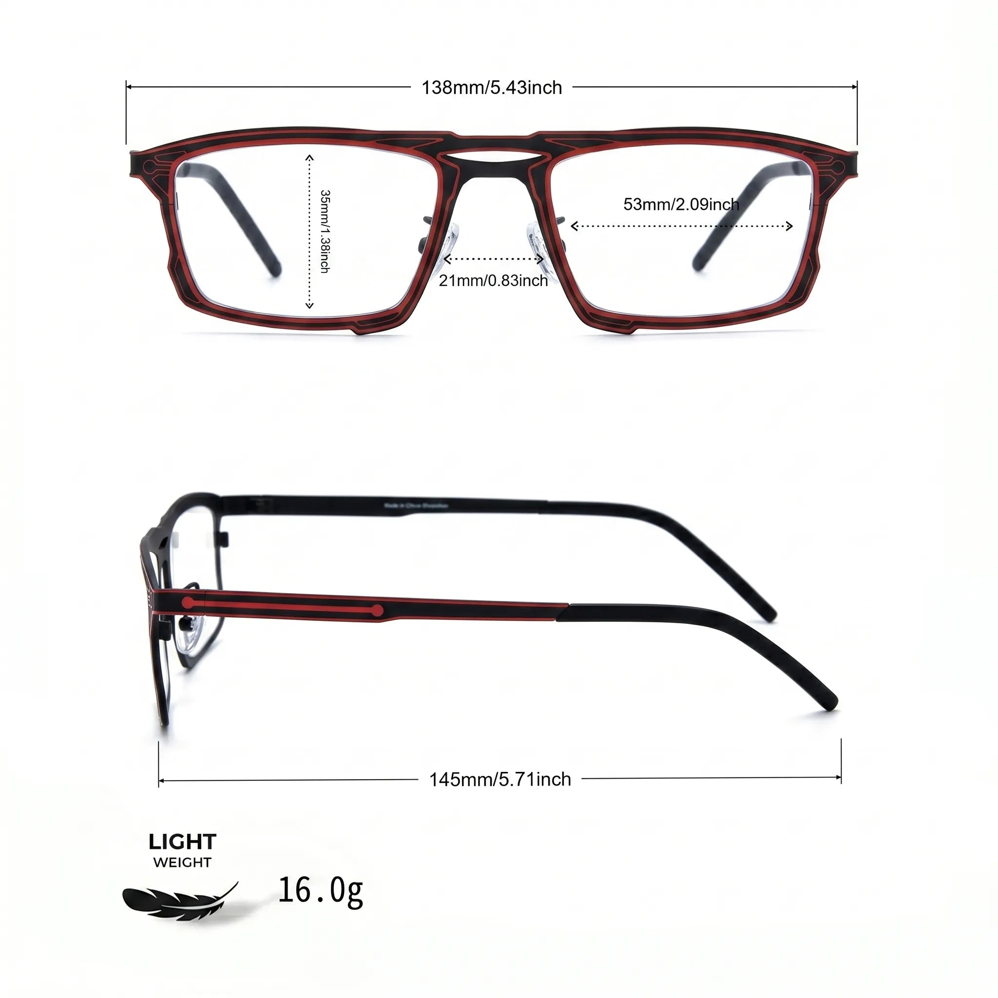 Barledear Crimson Noir eyeglasses size chart showing 138 mm frame width, 53 mm lens width, 35 mm lens height, 21 mm bridge, and 145 mm temple length