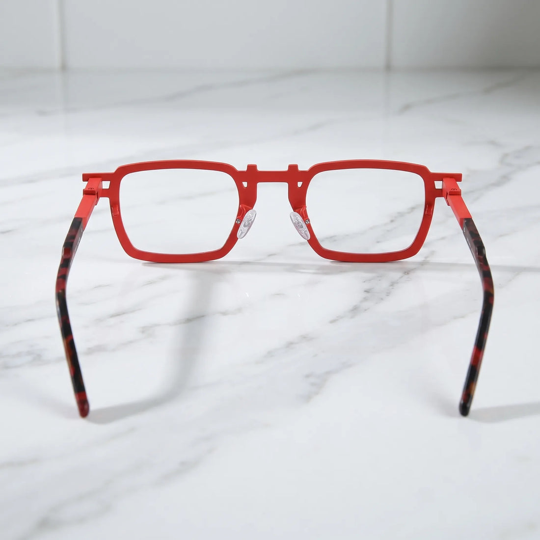 Barledear Crimson Noir Mosaic eyeglasses back view showing temple shape, square full-rim frame, and red black mosaic construction