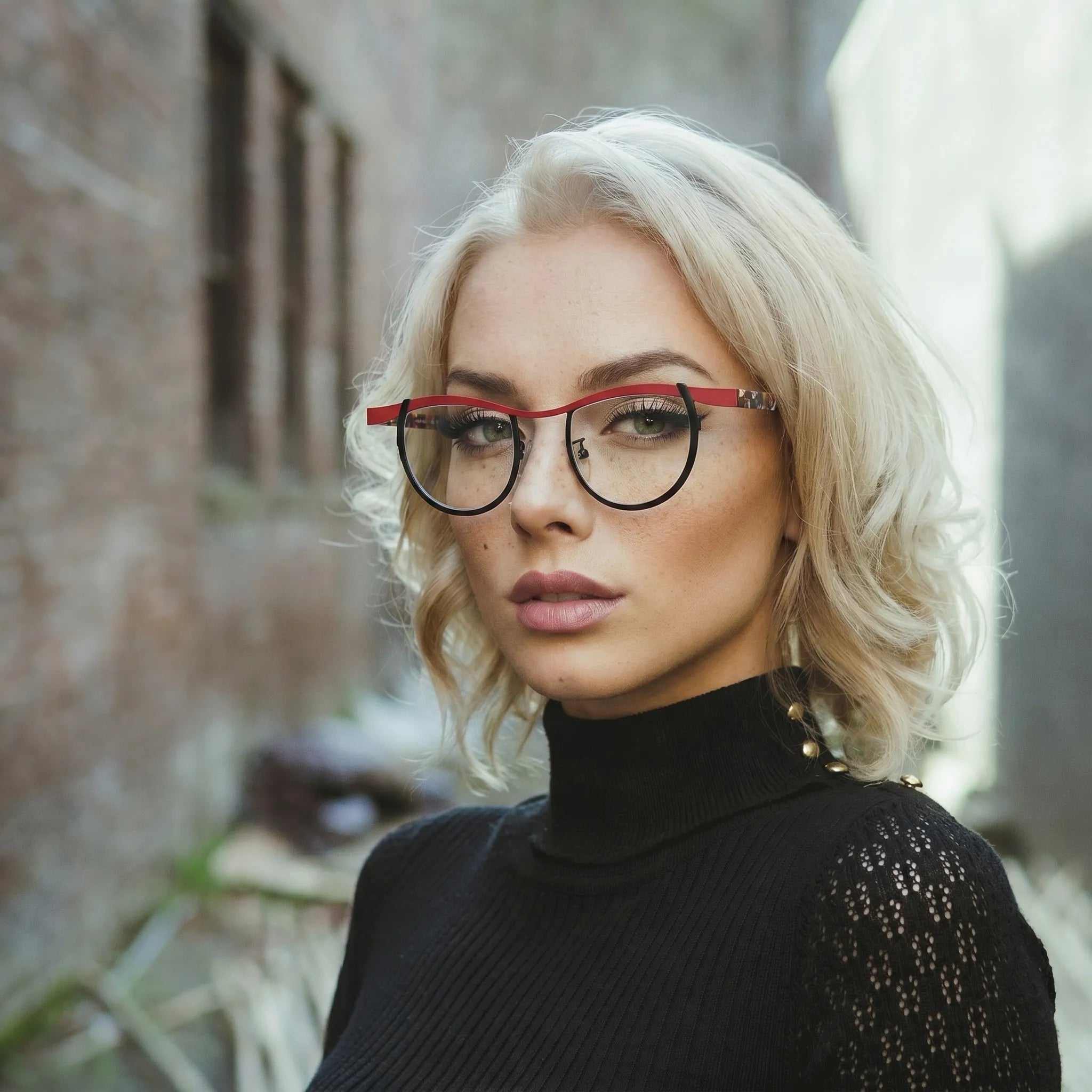 Model wearing Barledear Crimson Noir Tortoise eyeglasses in a lifestyle portrait