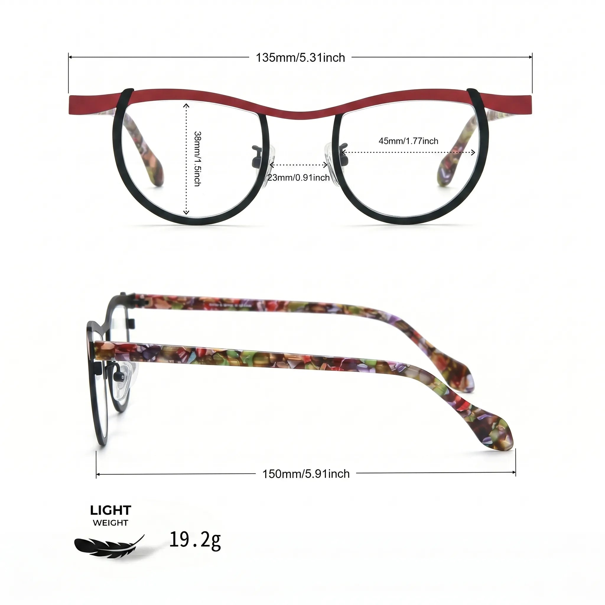 Barledear Crimson Noir Tortoise eyeglasses size chart with frame width lens width bridge and temple measurements