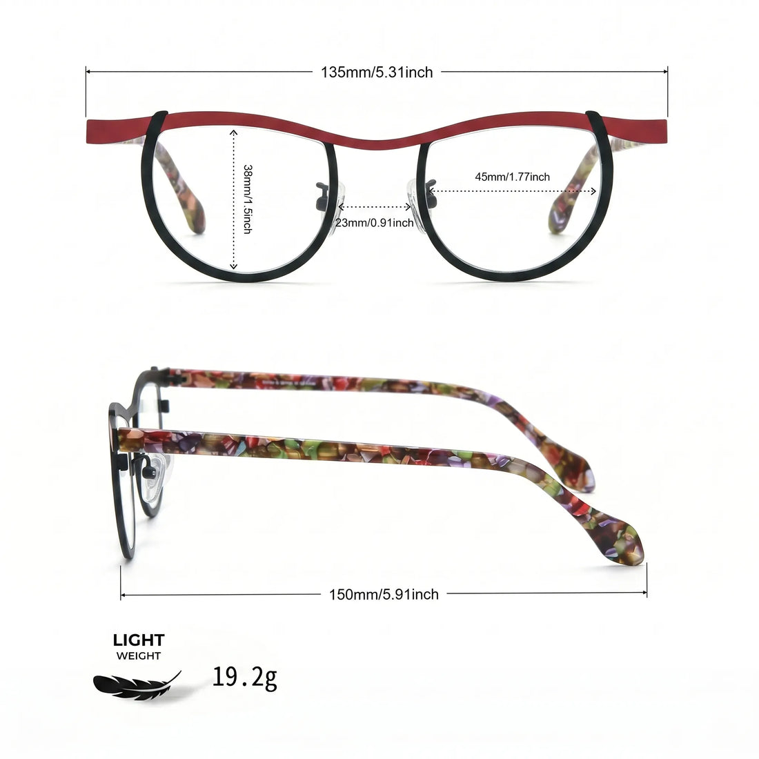 Barledear Crimson Noir Tortoise eyeglasses size chart with frame width lens width bridge and temple measurements