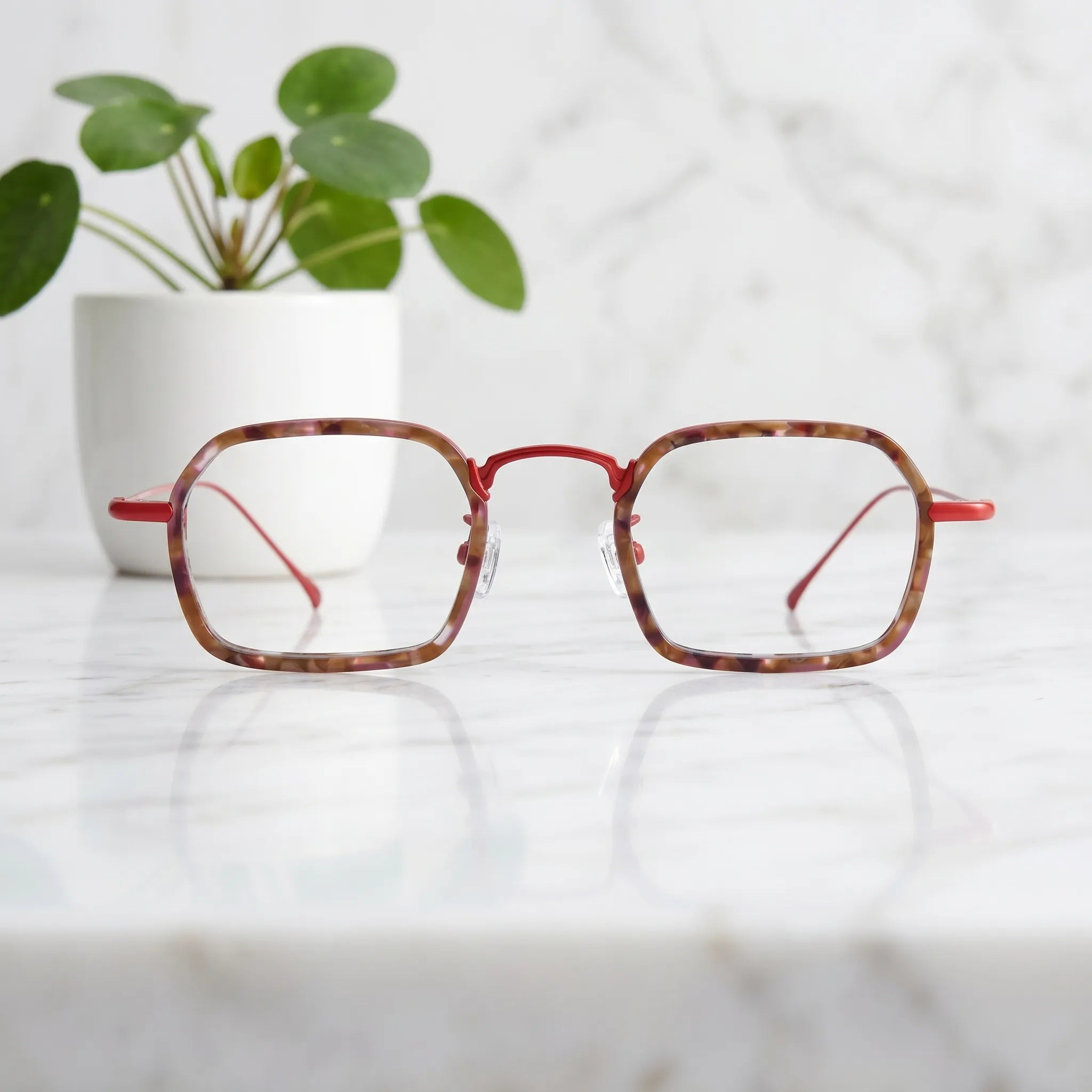 Barledear Crimson Tortoise Red eyeglasses shown in a clean lifestyle front view