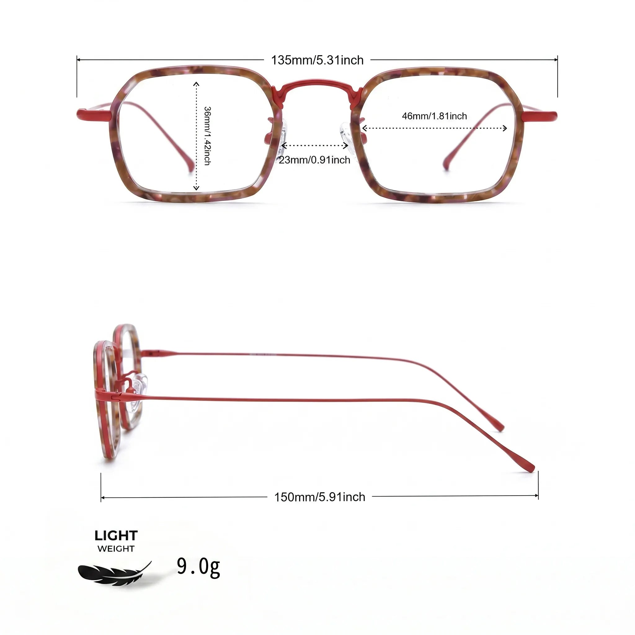 Barledear Crimson Tortoise Red eyeglasses size chart with frame width lens width bridge and temple measurements