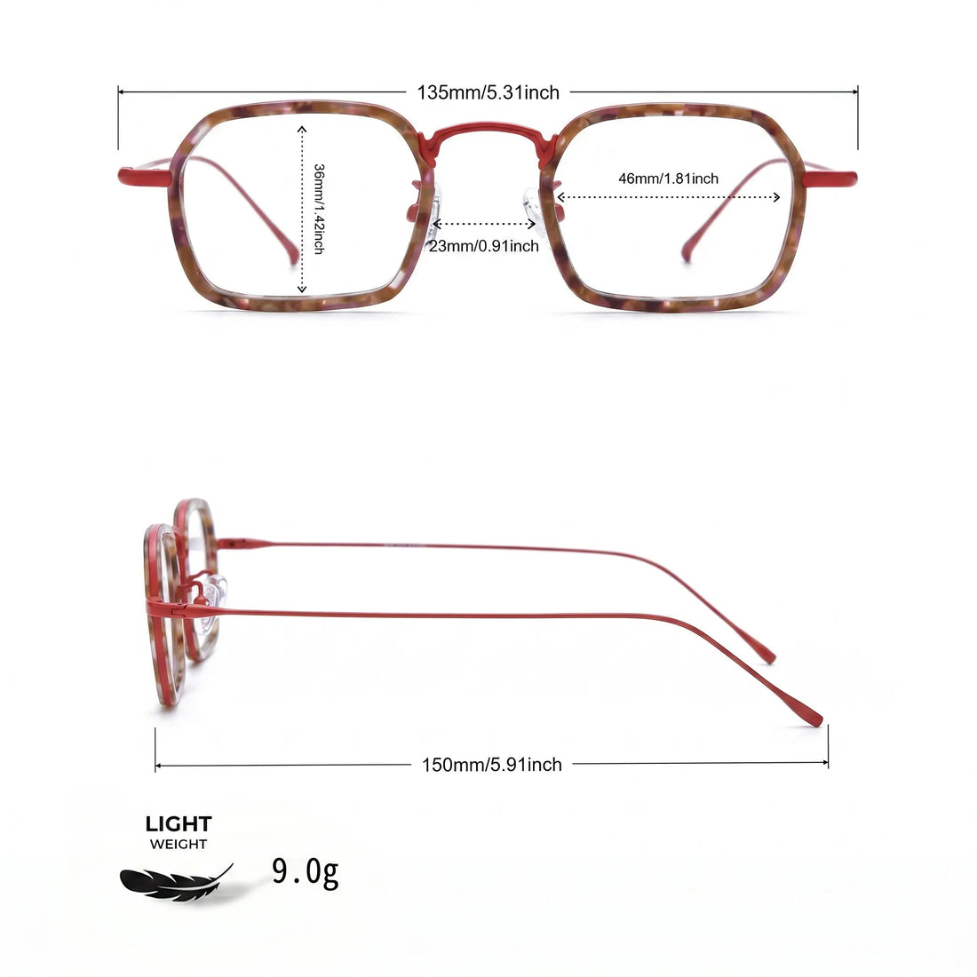 Barledear Crimson Tortoise Red eyeglasses size chart with frame width lens width bridge and temple measurements