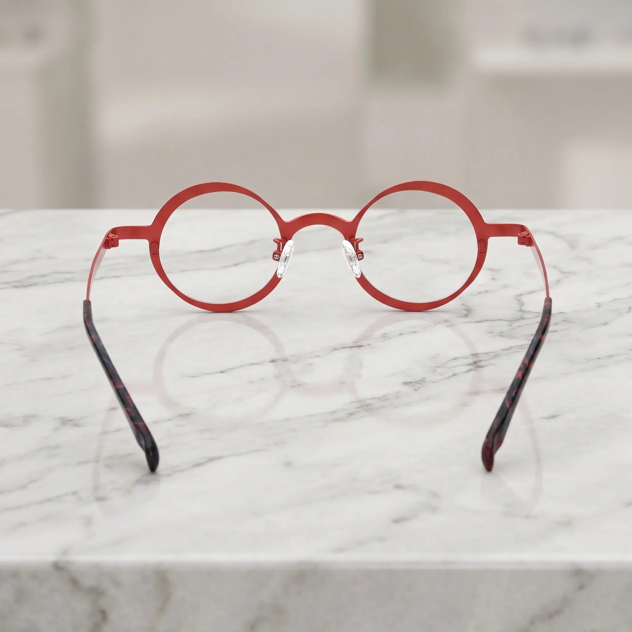 Barledear Crimson Violet round pure titanium eyeglasses back view showing the full-rim structure adjustable silicone nose pads and temple shape