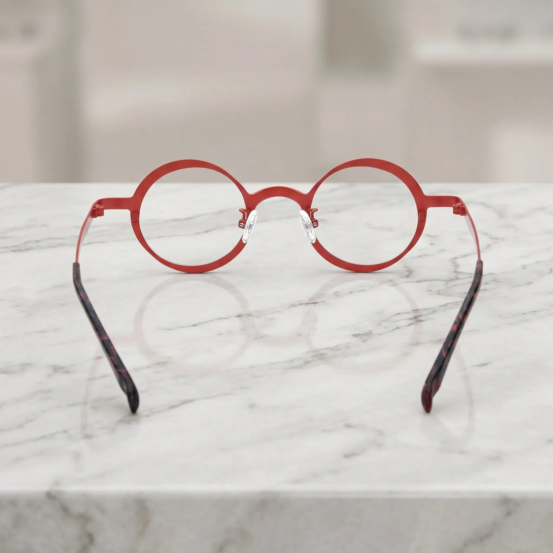 Barledear Crimson Violet round pure titanium eyeglasses back view showing the full-rim structure adjustable silicone nose pads and temple shape