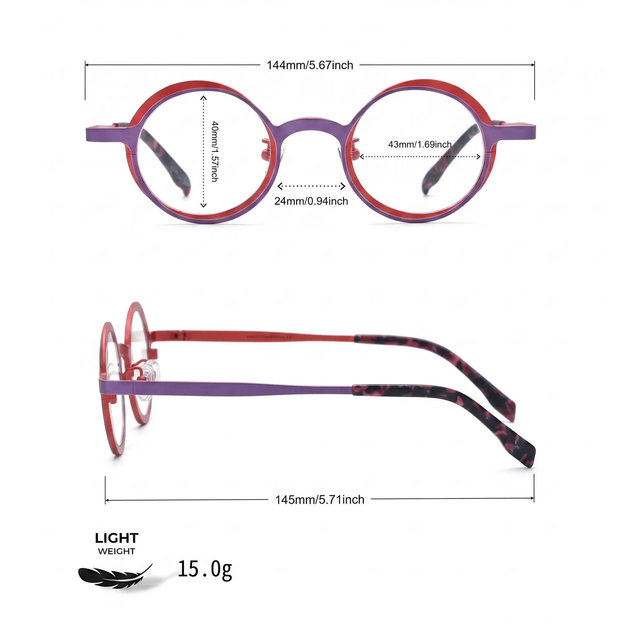 Barledear Crimson Violet round pure titanium eyeglasses size chart with 144 mm frame width 43 mm lens width 40 mm lens height 24 mm bridge and 145 mm temple length