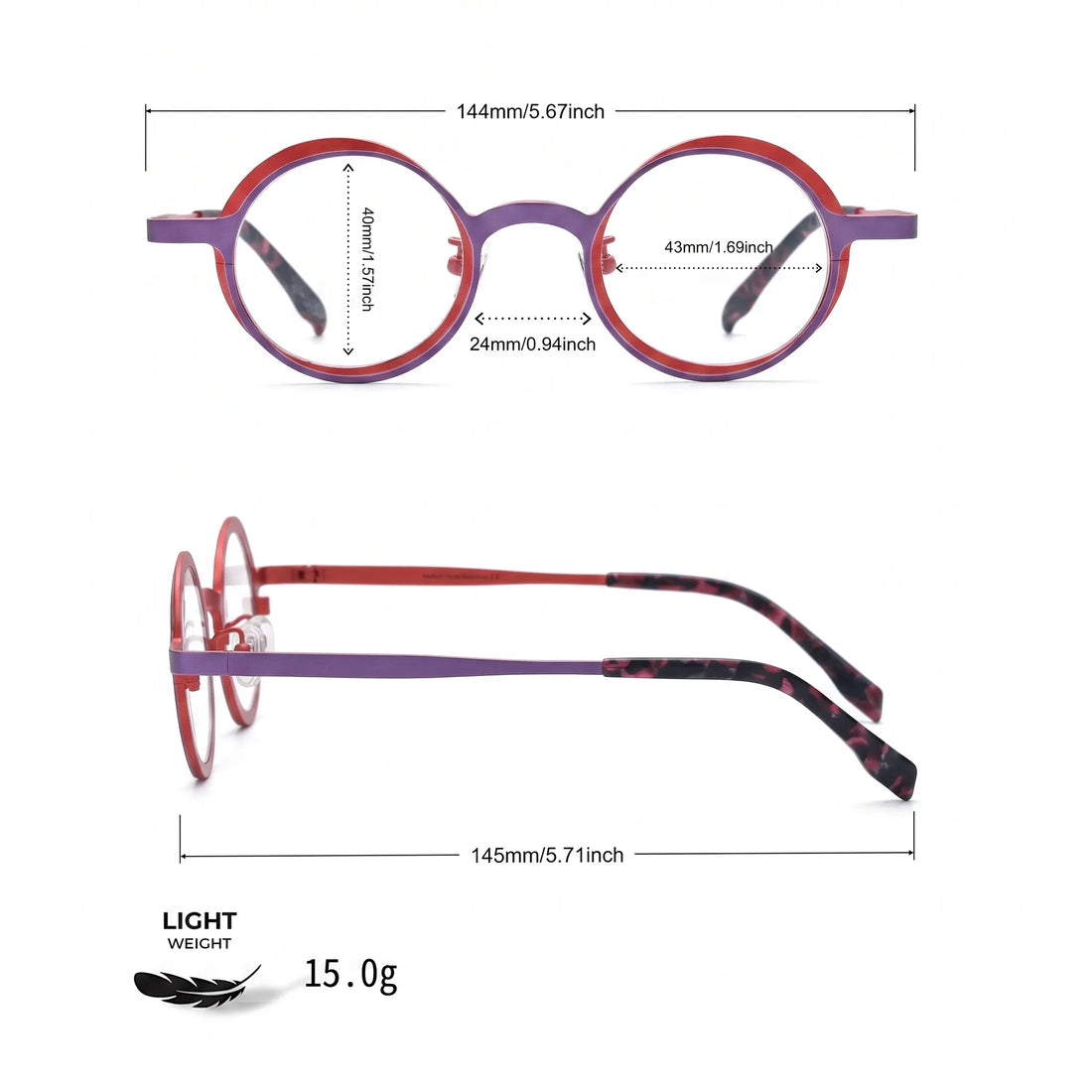 Barledear Crimson Violet round pure titanium eyeglasses size chart with 144 mm frame width 43 mm lens width 40 mm lens height 24 mm bridge and 145 mm temple length