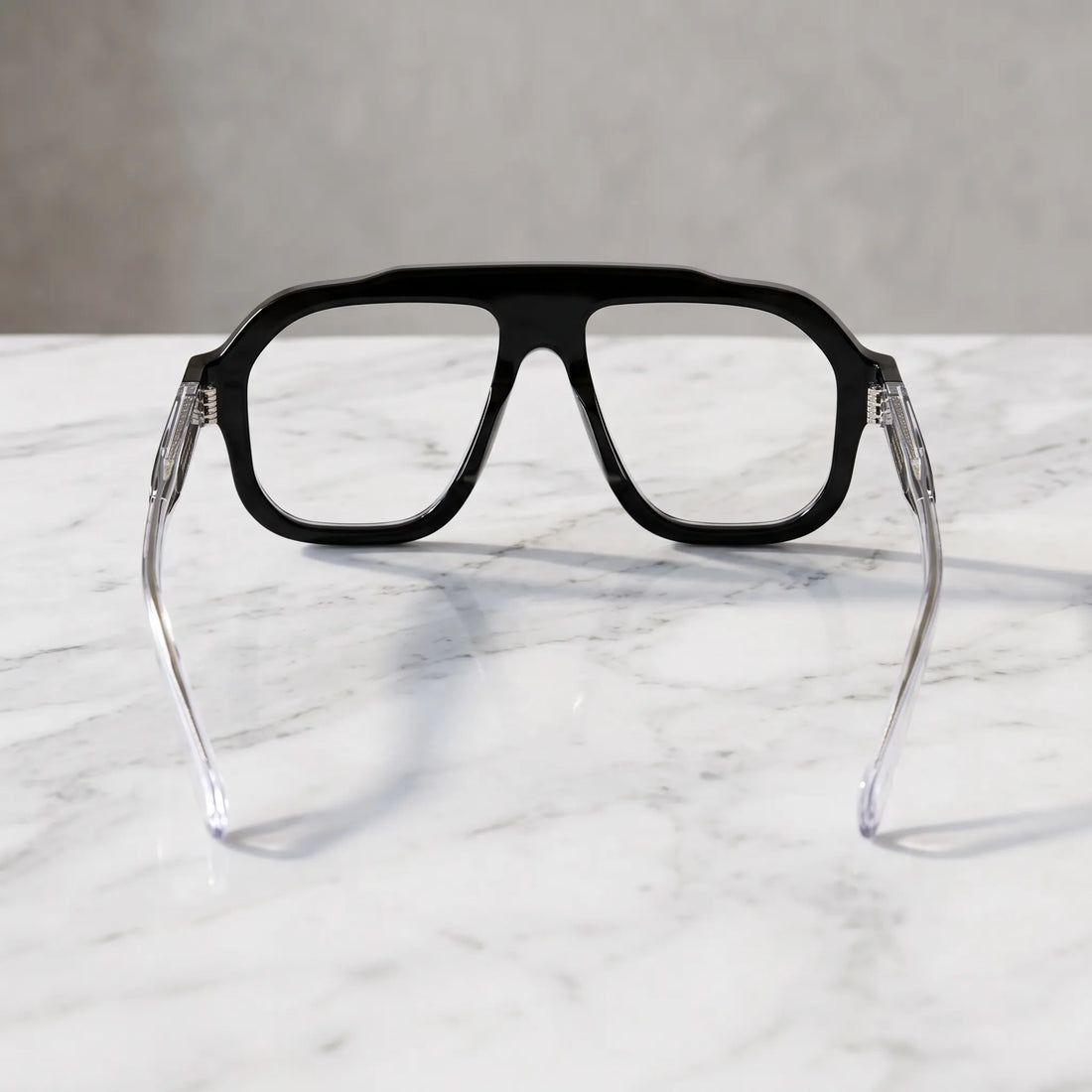 Barledear Crystal Noir eyeglasses back view showing the full-rim black square aviator frame, integrated nose pads and transparent temple arms