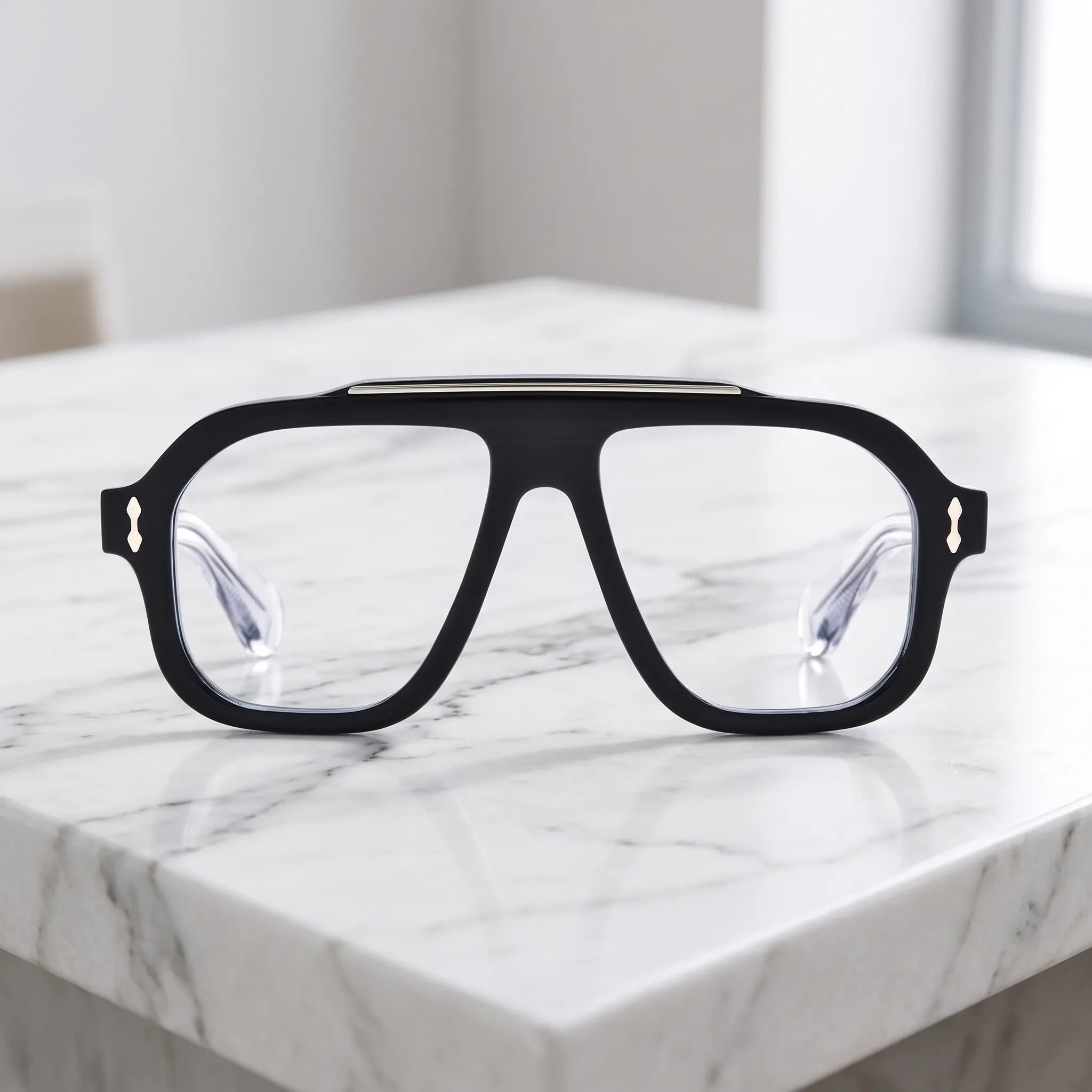 Barledear Crystal Noir square aviator eyeglasses displayed in a clean lifestyle front view with black acetate front and clear temple arms