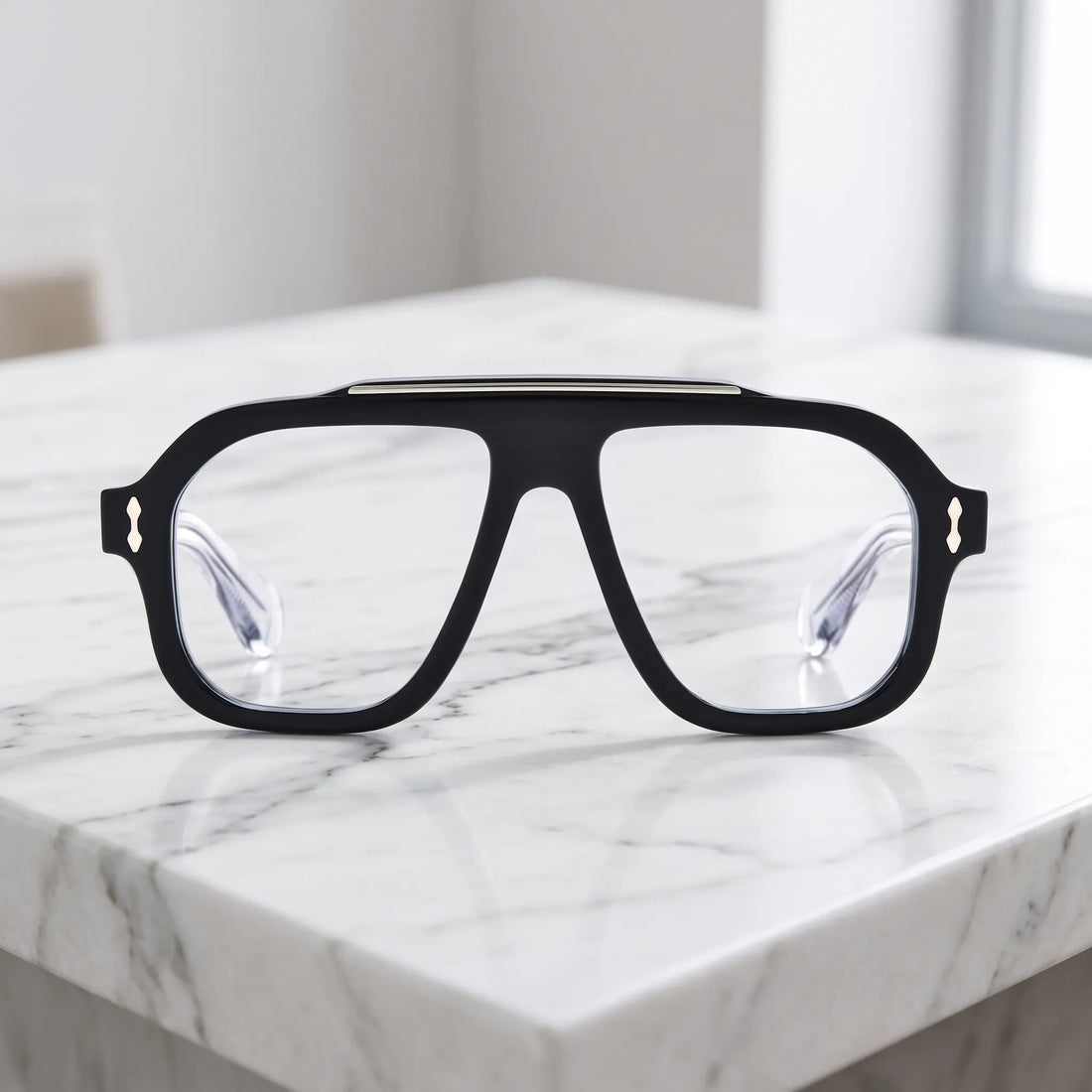 Barledear Crystal Noir square aviator eyeglasses displayed in a clean lifestyle front view with black acetate front and clear temple arms