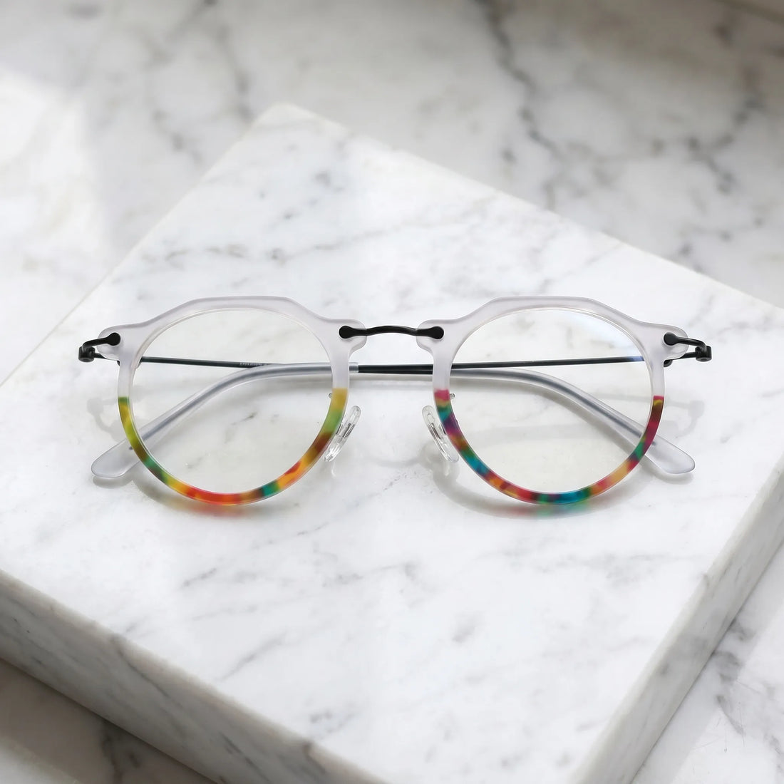 Barledear Crystal Rainbow eyeglasses folded display showing acetate front slim metal temples and acetate temple tips