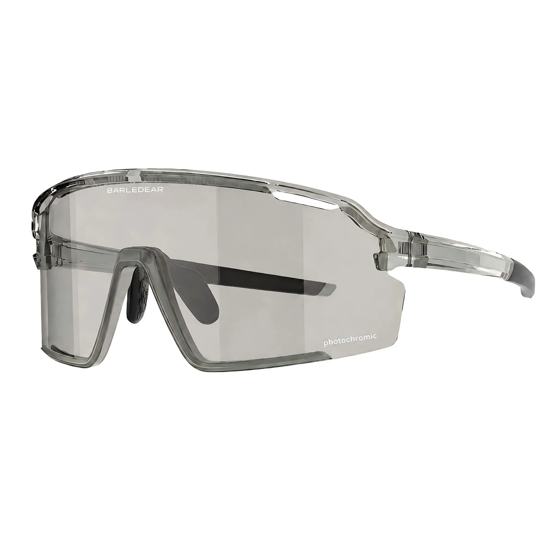 Barledear Crystal Smoke Gray photochromic cycling glasses feature graphic highlighting UV-responsive tint, UV400 coverage, a wide shield lens, secure fit, and RX insert compatibility.