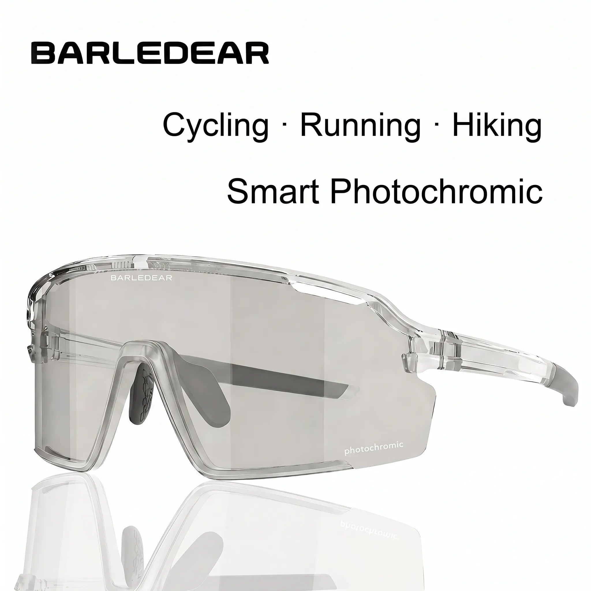Barledear Crystal Smoke Gray photochromic cycling glasses feature graphic highlighting UV-responsive tint, UV400 coverage, a wide shield lens, secure fit, and RX insert compatibility.