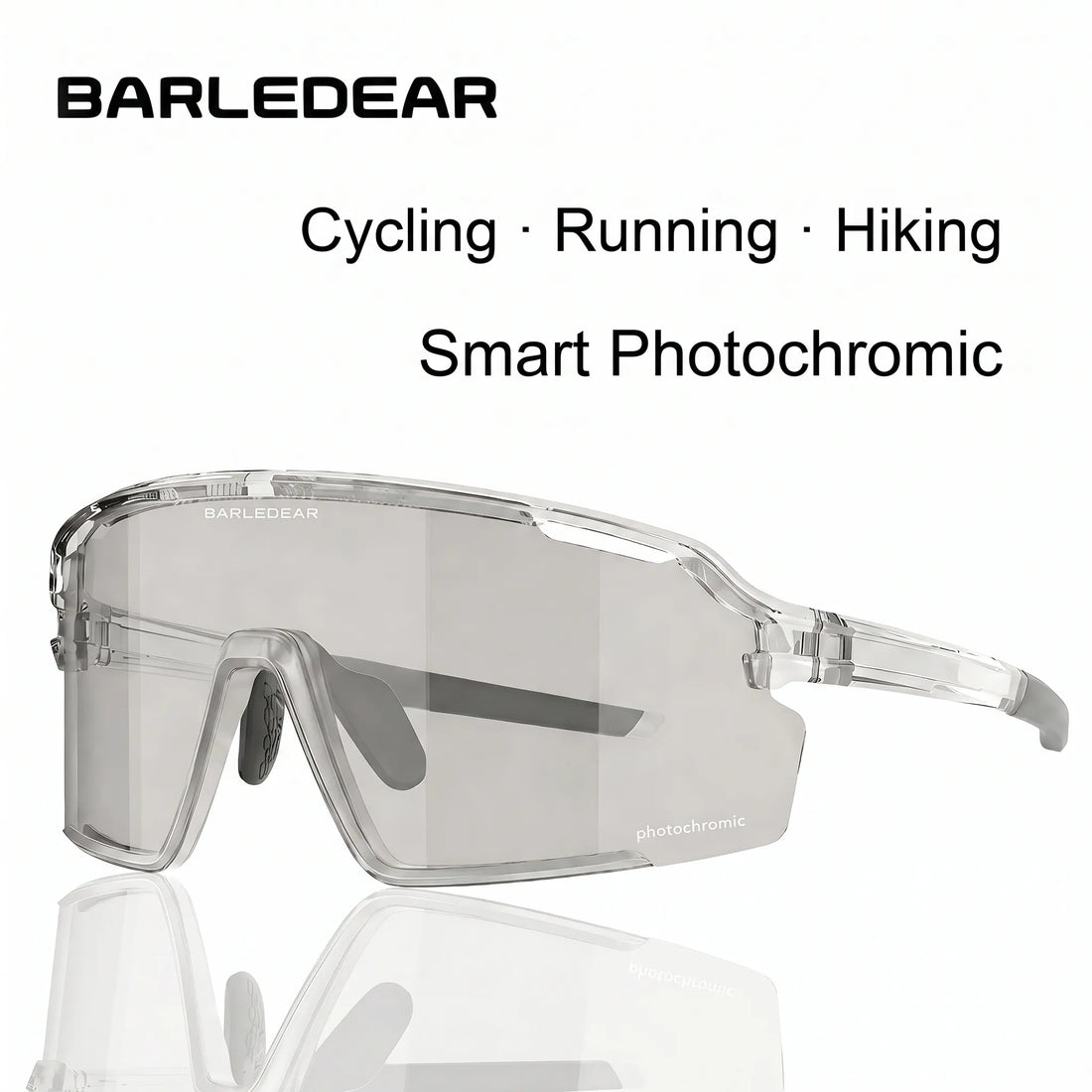 Barledear Crystal Smoke Gray photochromic cycling glasses feature graphic highlighting UV-responsive tint, UV400 coverage, a wide shield lens, secure fit, and RX insert compatibility.
