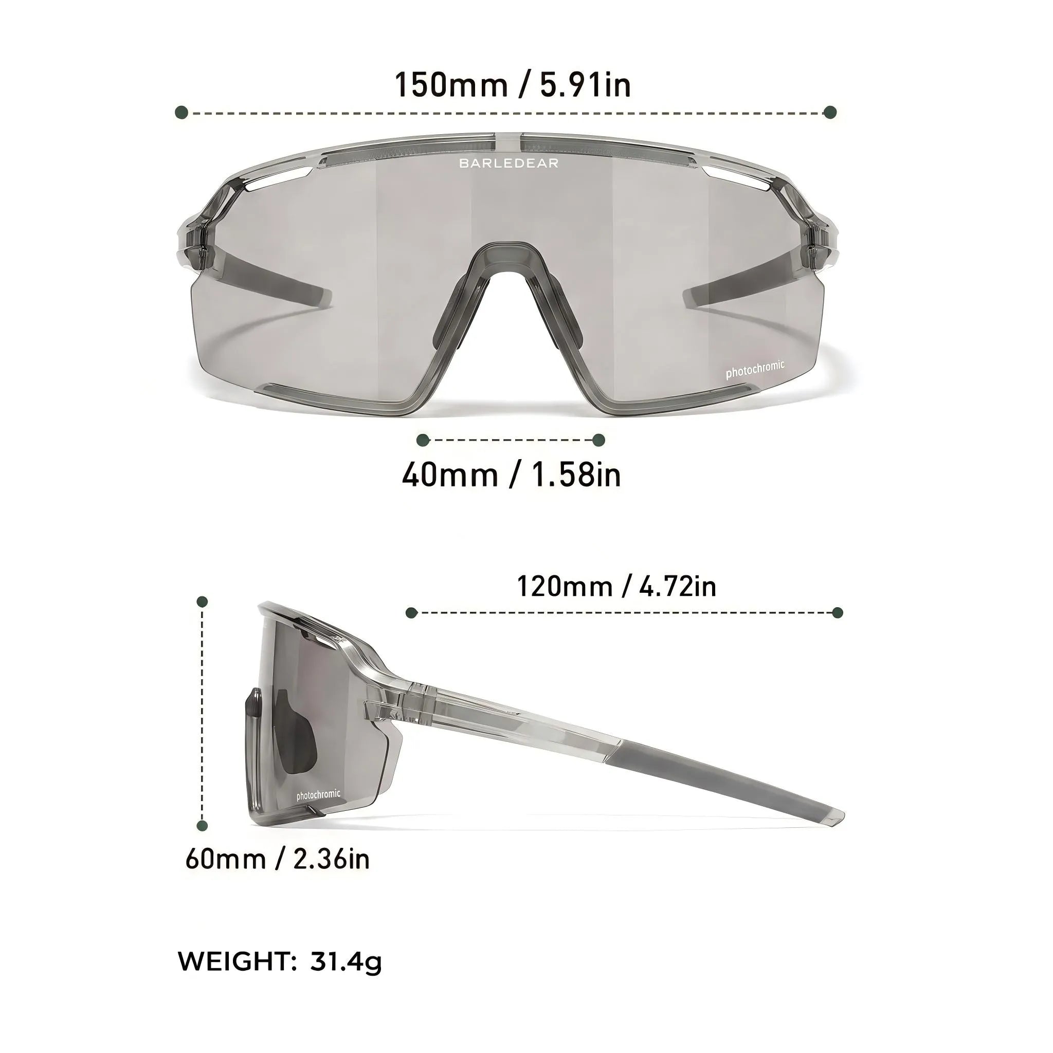 Barledear Crystal Smoke Gray photochromic cycling glasses size chart showing 150 mm total width, 60 mm lens height, 40 mm nose opening, 120 mm temple length, and 31.4 g weight.