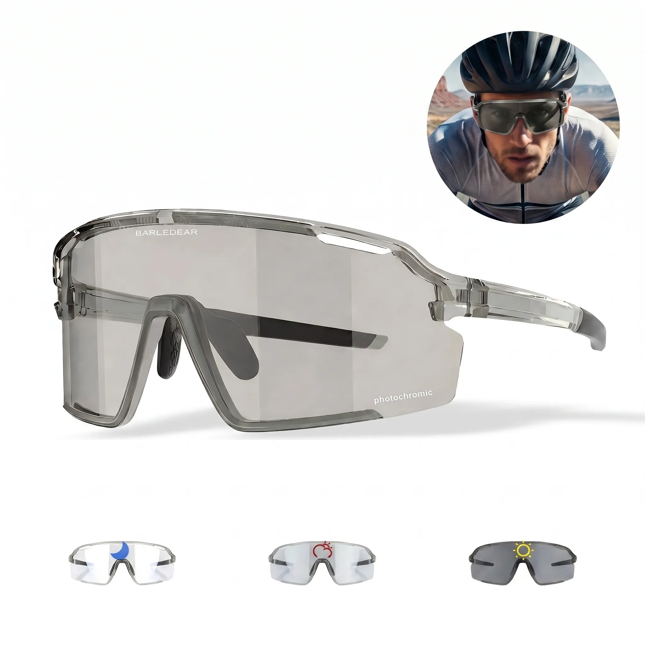 Barledear Crystal Smoke Gray photochromic cycling lens tint comparison showing its lighter gray state and deeper smoke state under stronger UV exposure.