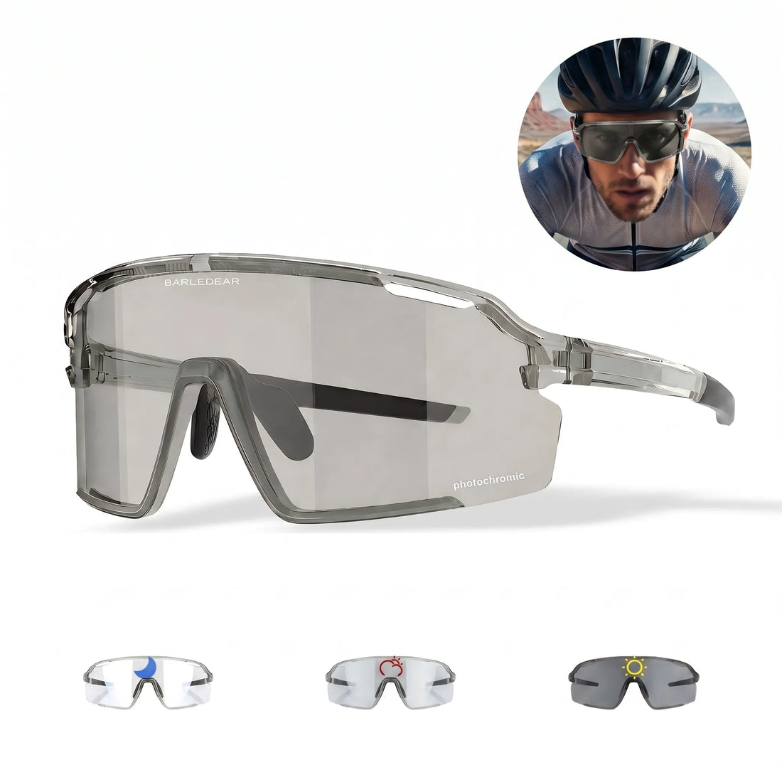Barledear Crystal Smoke Gray photochromic cycling lens tint comparison showing its lighter gray state and deeper smoke state under stronger UV exposure.