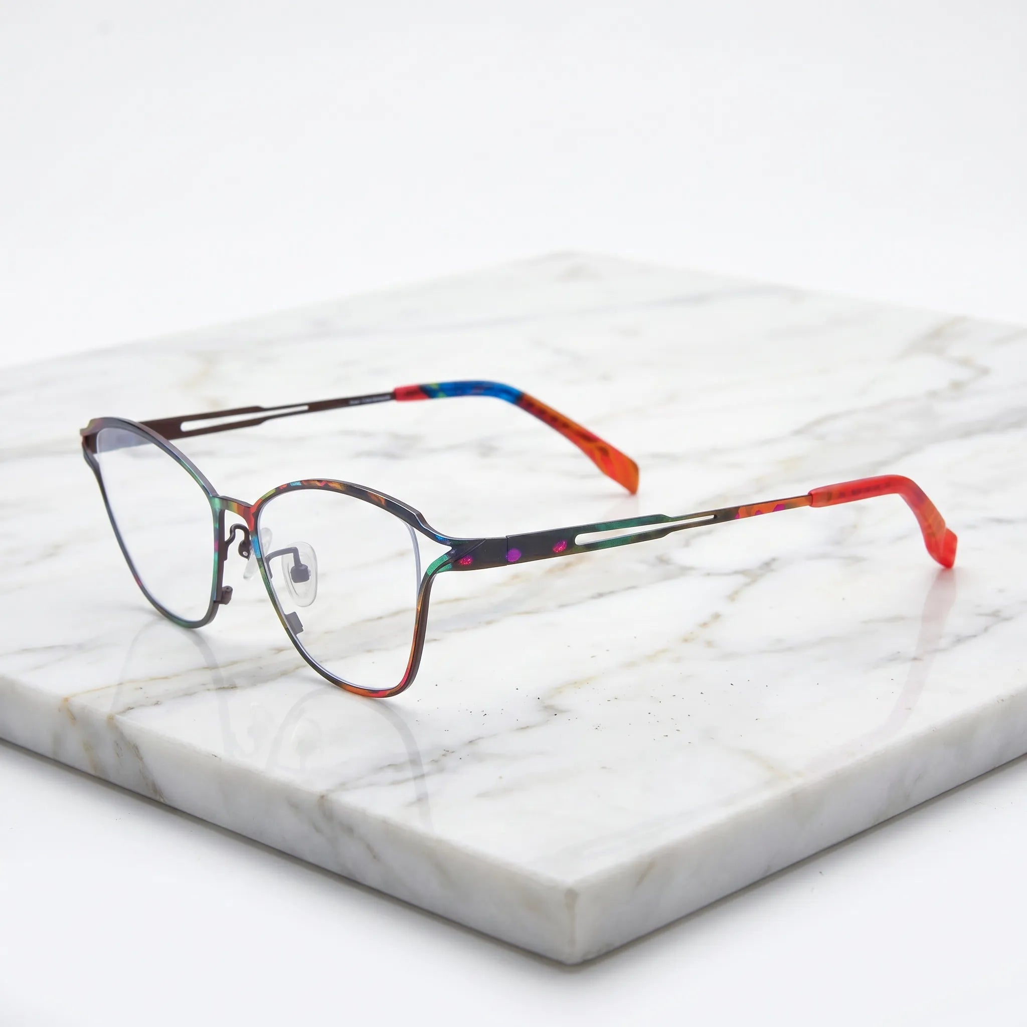 Barledear Dark Prism Tortoise eyeglasses angled side view showing slim cutout temples and adjustable nose pads