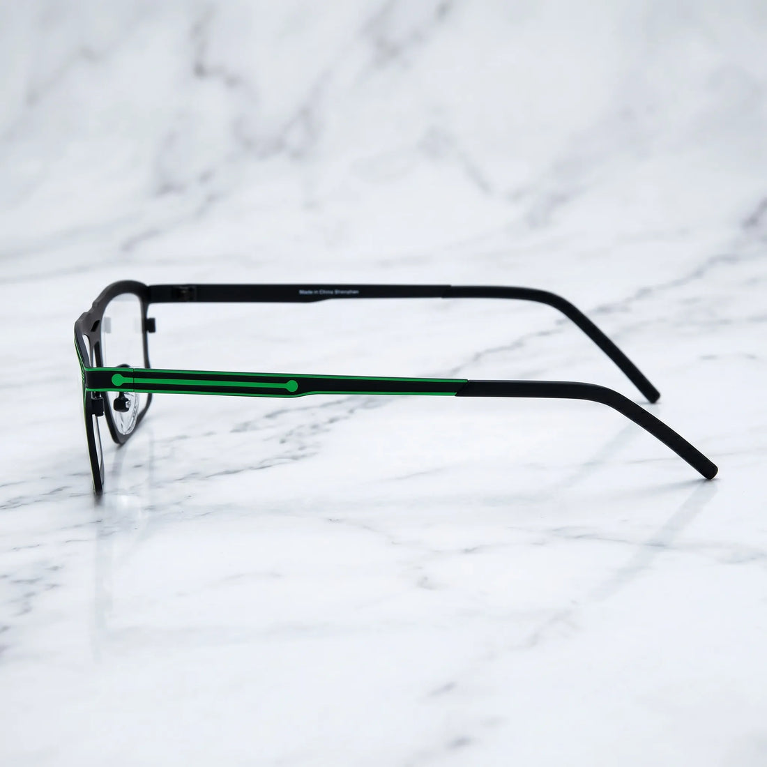 Barledear Electric Ivy Black eyeglasses angled side view showing slim dual-tone temples, bridge detail, and adjustable nose pads