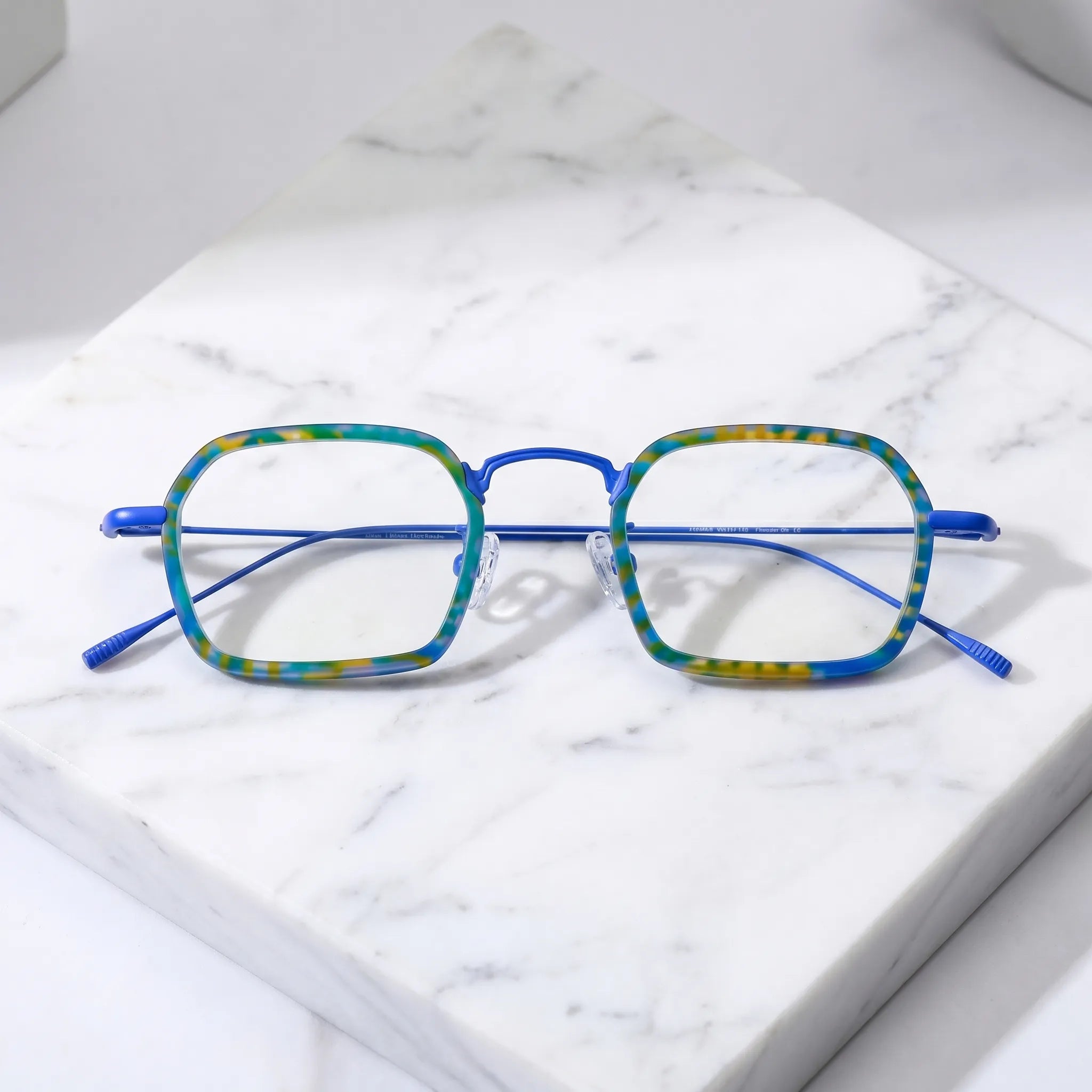 Barledear Electric Mosaic Blue eyeglasses folded display showing frame and temple design