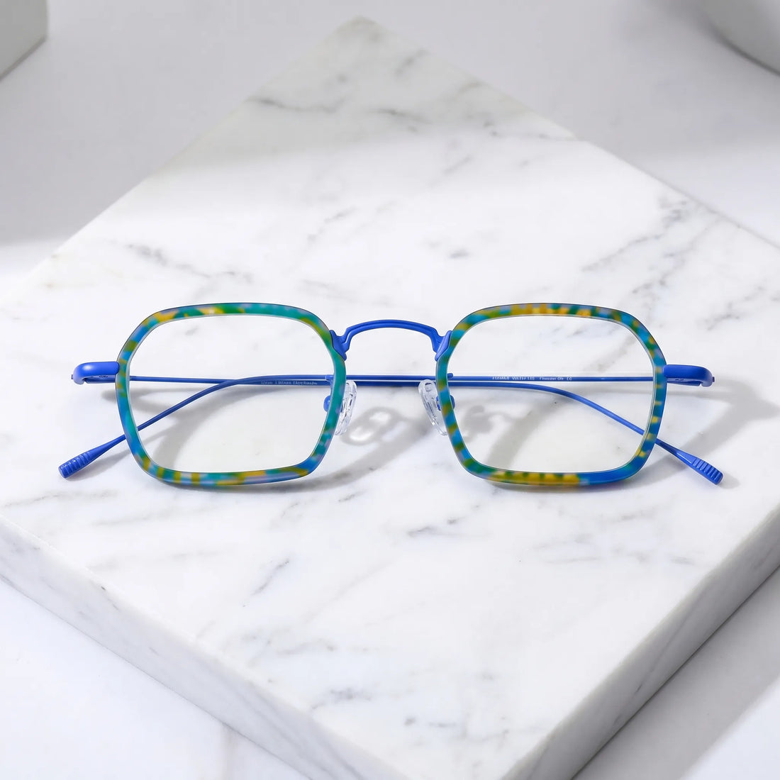 Barledear Electric Mosaic Blue eyeglasses folded display showing frame and temple design