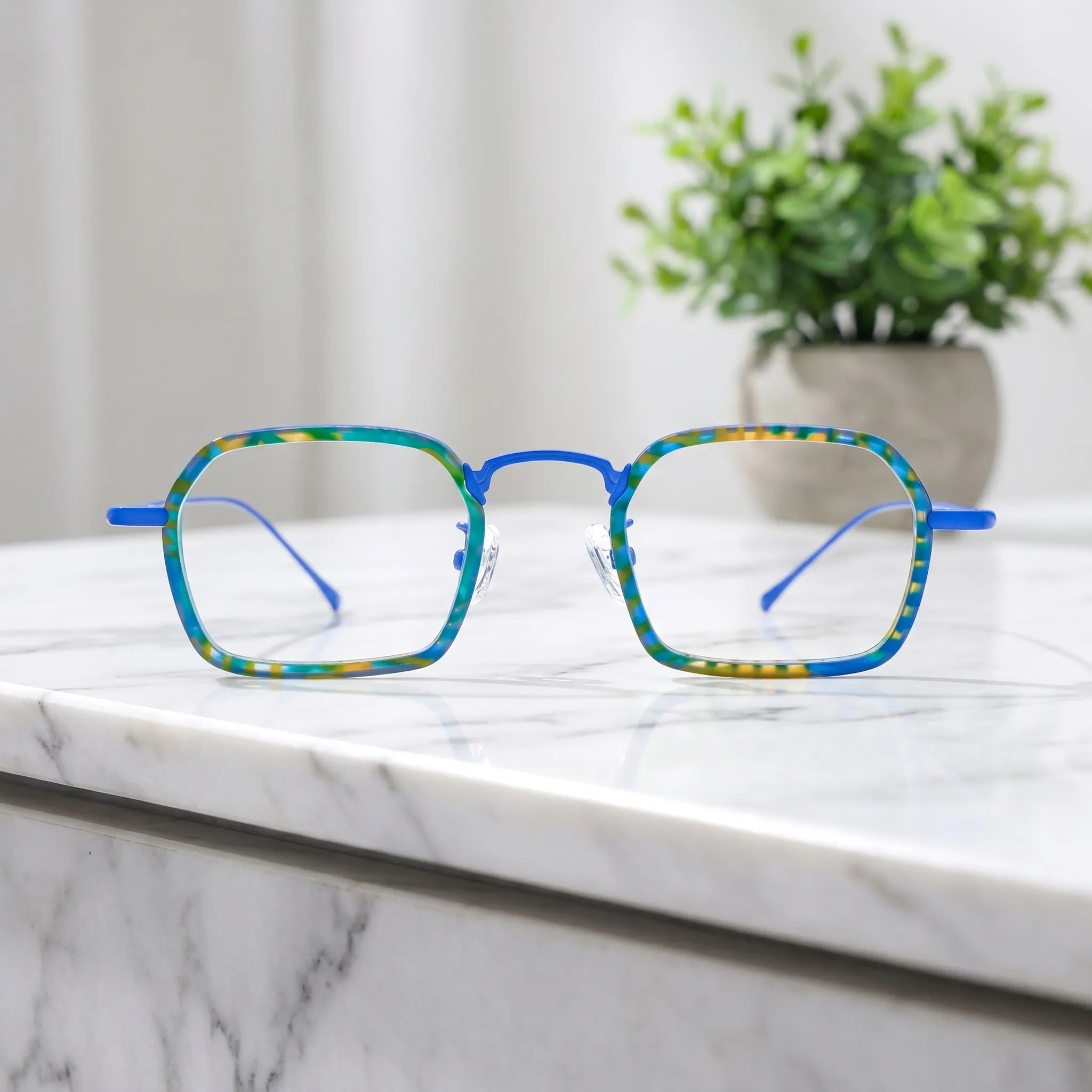 Barledear Electric Mosaic Blue eyeglasses shown in a clean lifestyle front view