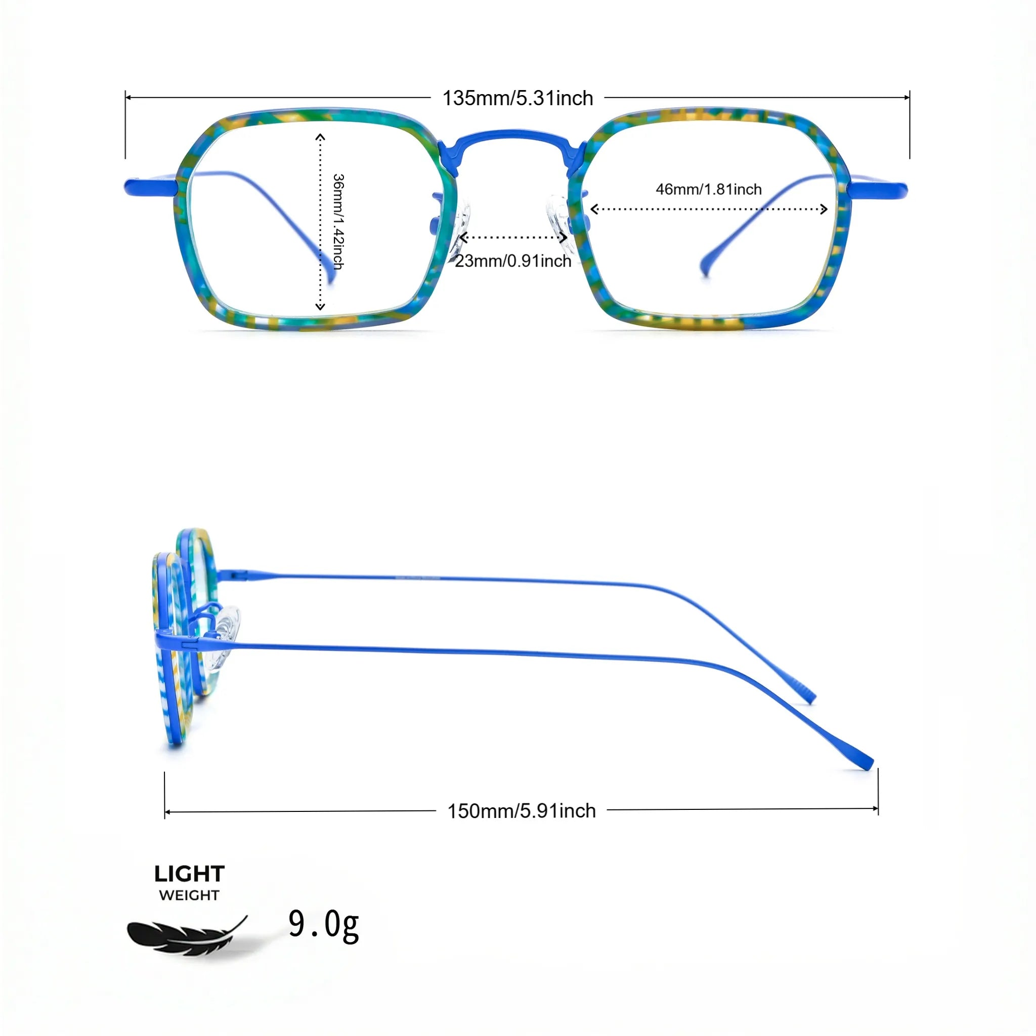 Barledear Electric Mosaic Blue eyeglasses size chart with frame width lens width bridge and temple measurements