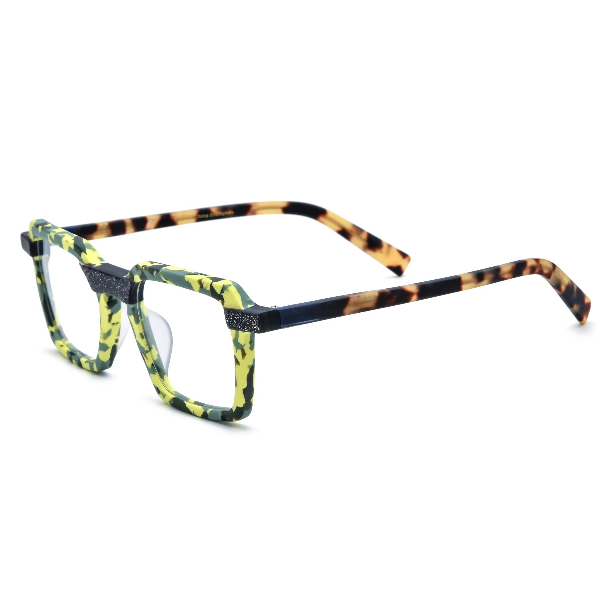 Barledear Electric Moss Tortoise square eyeglasses angled side view showing the black bridge and patterned temples