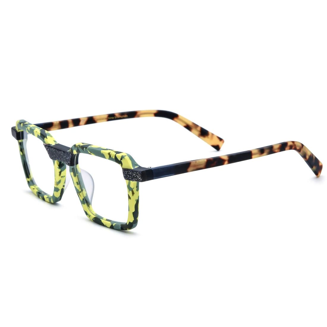 Barledear Electric Moss Tortoise square eyeglasses angled side view showing the black bridge and patterned temples