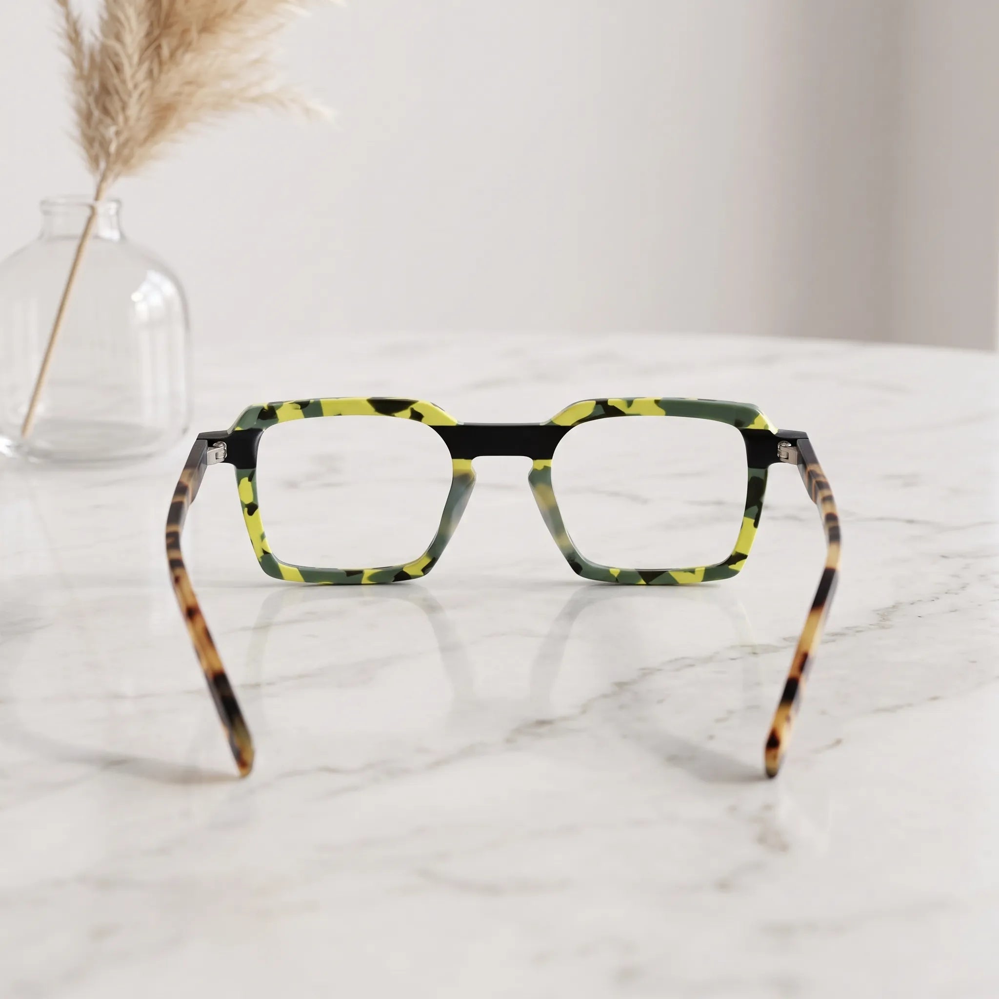 Barledear Electric Moss Tortoise eyeglasses back view showing the full-rim acetate structure and molded nose pads